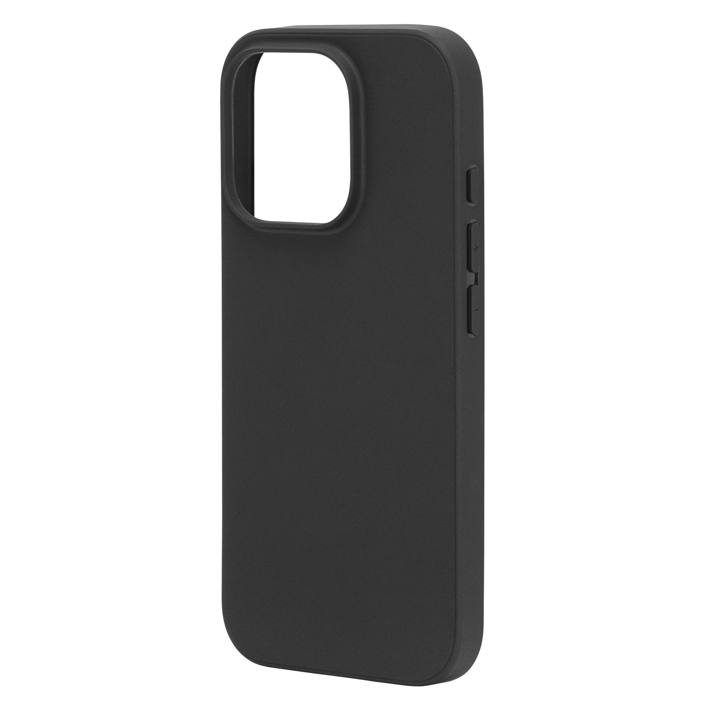 Linocell Second Skin cover til iPhone 16 Pro sort, bagfra med stort kamerahul, afrundede hjørner og sideknapdækning.