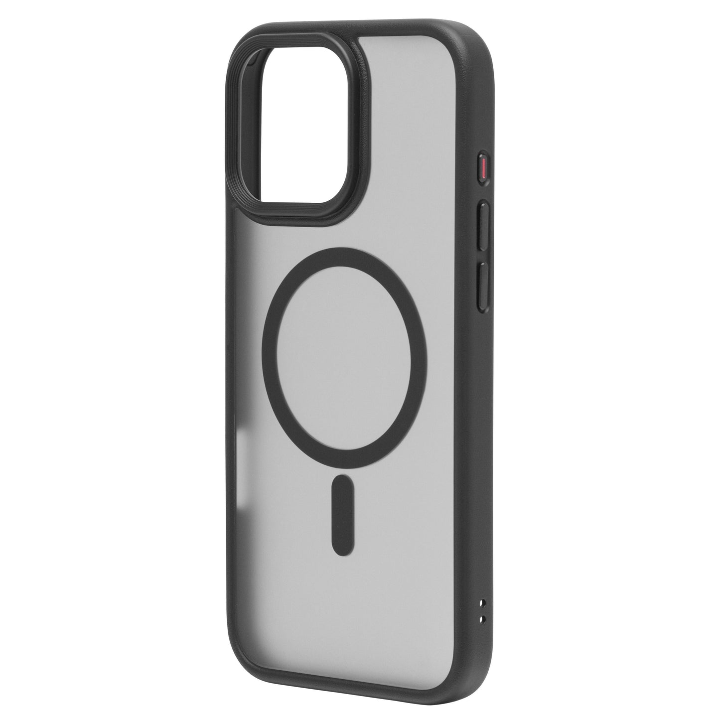 Hard Case cover til iPhone 16 Pro Max Sort med sorte kanter, gennemsigtig bagside og sort MagSafe-ring, udskæringer til knapper.