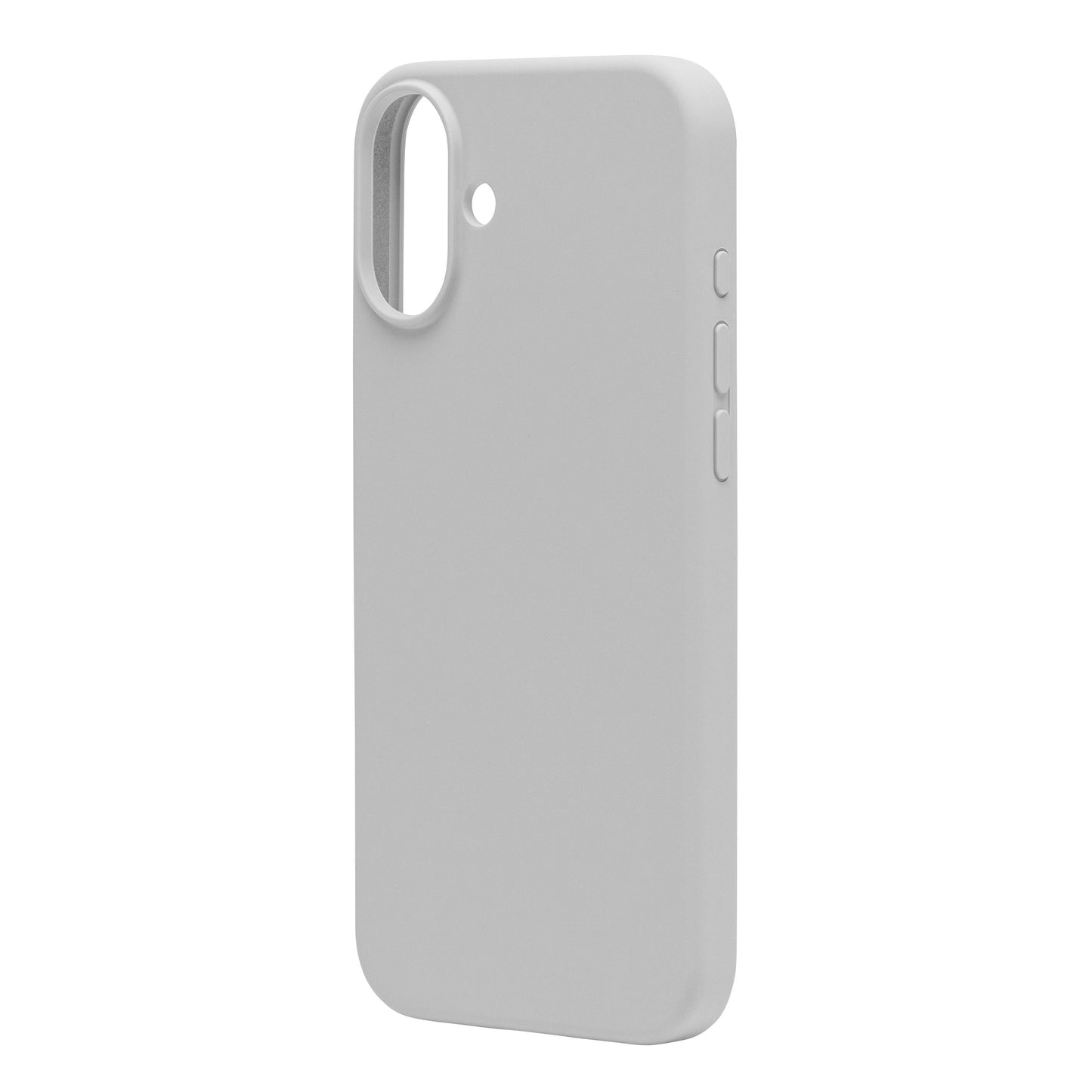 Silikone cover til iPhone 16 Plus grå, mat overflade, præcise udskæringer til kamera, flash og knapper.