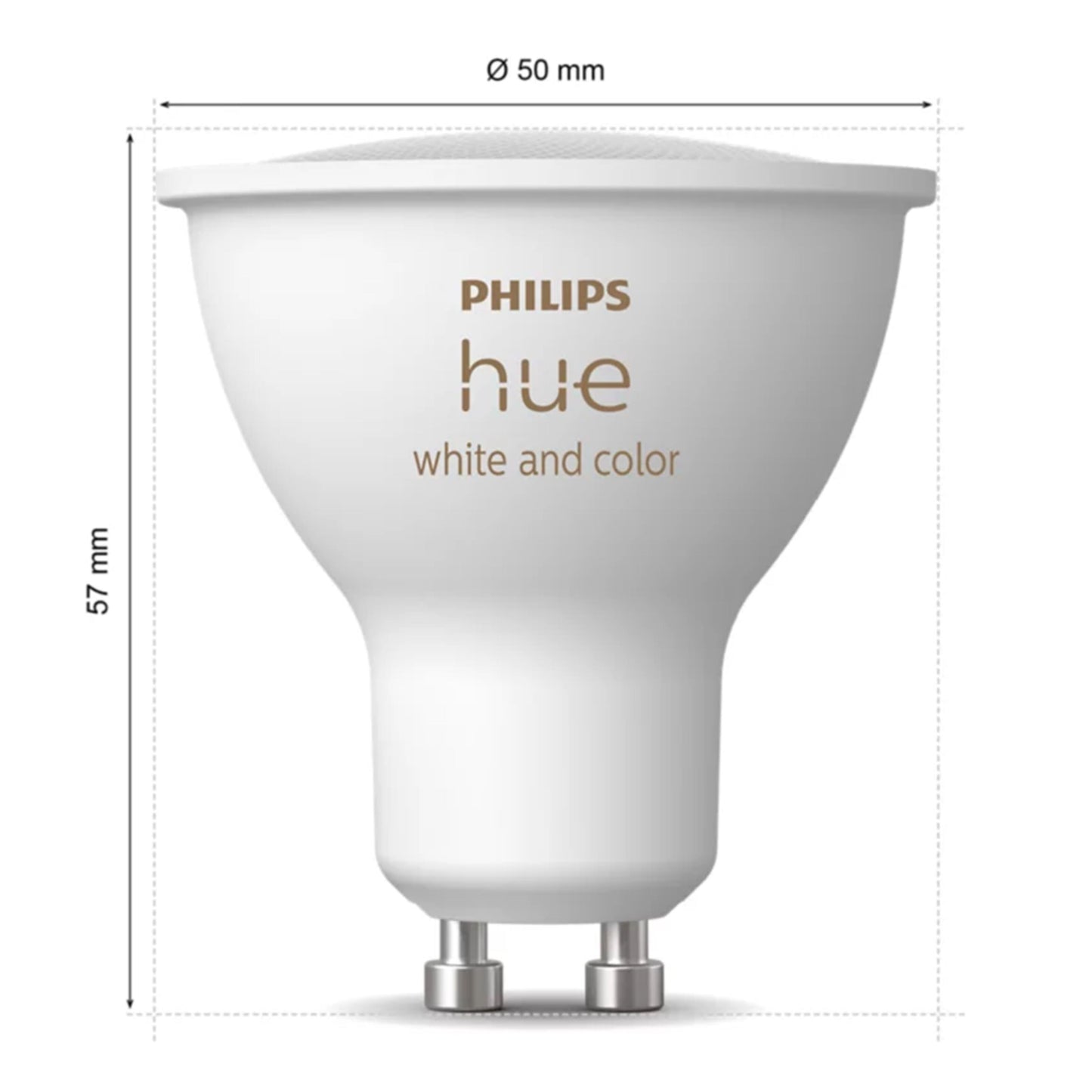 Philips Hue White and Color Ambiance 3x GU10 Smart Startpakke, GU10 sokkel, 57 mm høj, 50 mm i diameter, hvid med guldlogo.