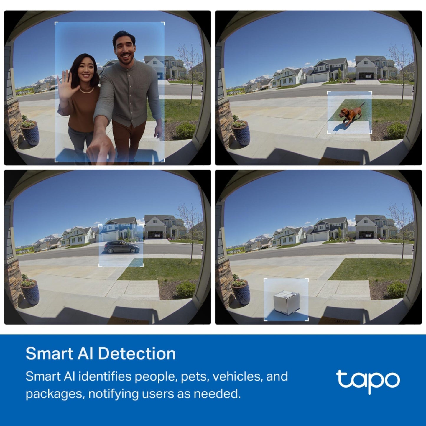 TP-Link Tapo D235 kamera dørklokke 2K, blå bokse fremhæver AI-detektion, Tapo-logo og teksten "Smart AI Detection.