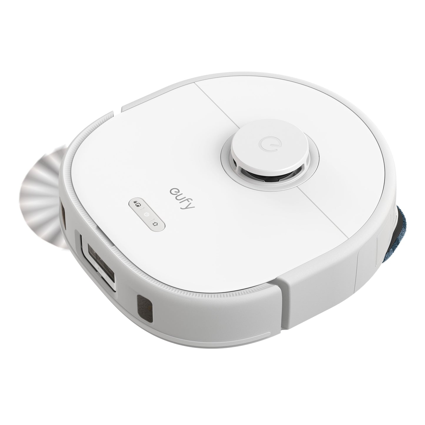 Eufy X10 Pro Omni hvid firkantet robotstøvsuger med runde kanter, topsensor, Eufy-logo, udluftning og knapper.