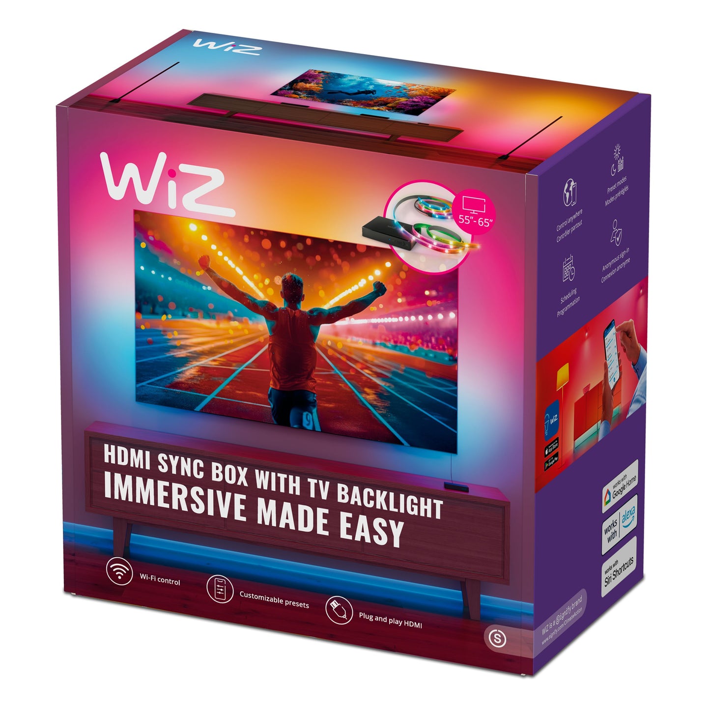 WiZ Sync box startpakke 75"-85" RGBIC-lysteknologi stemningsbelysning til tv, vises på lilla/pink æske med WiFi ikon.