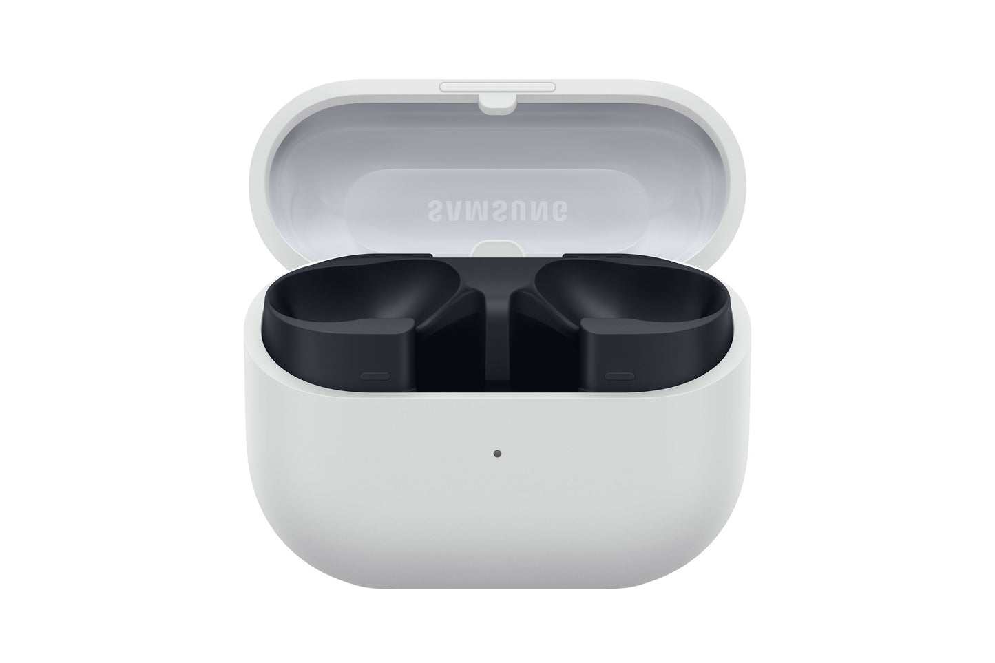 Samsung Galaxy Buds3 FE trådløse øretelefoner grå i åben hvid opladeetui med SAMSUNG-logo i låget.