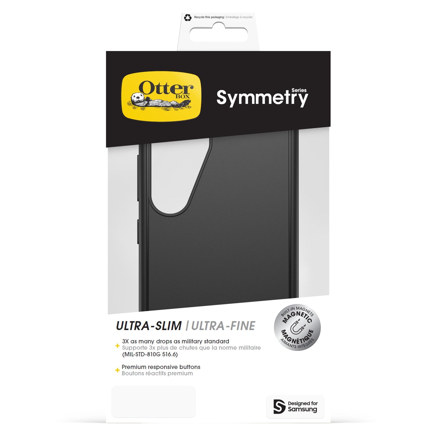 Otterbox Symmetry cover til Galaxy S25 sort, synlig gennem æske med sorte, hvide og gule detaljer.