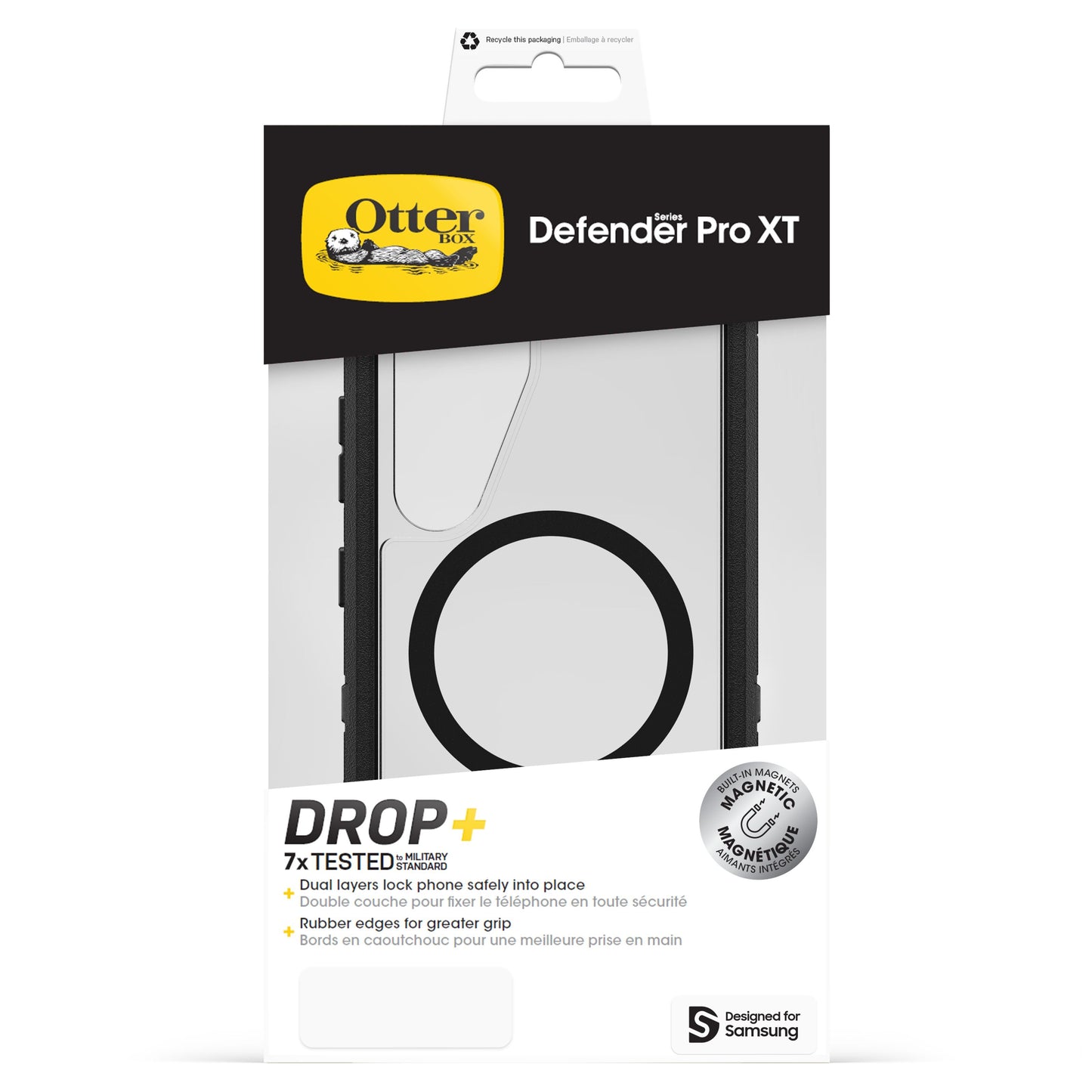 Otterbox Defender klar beskyttelsescover til Samsung S25 med dobbelt lag, gummikant og indbyggede magneter.
