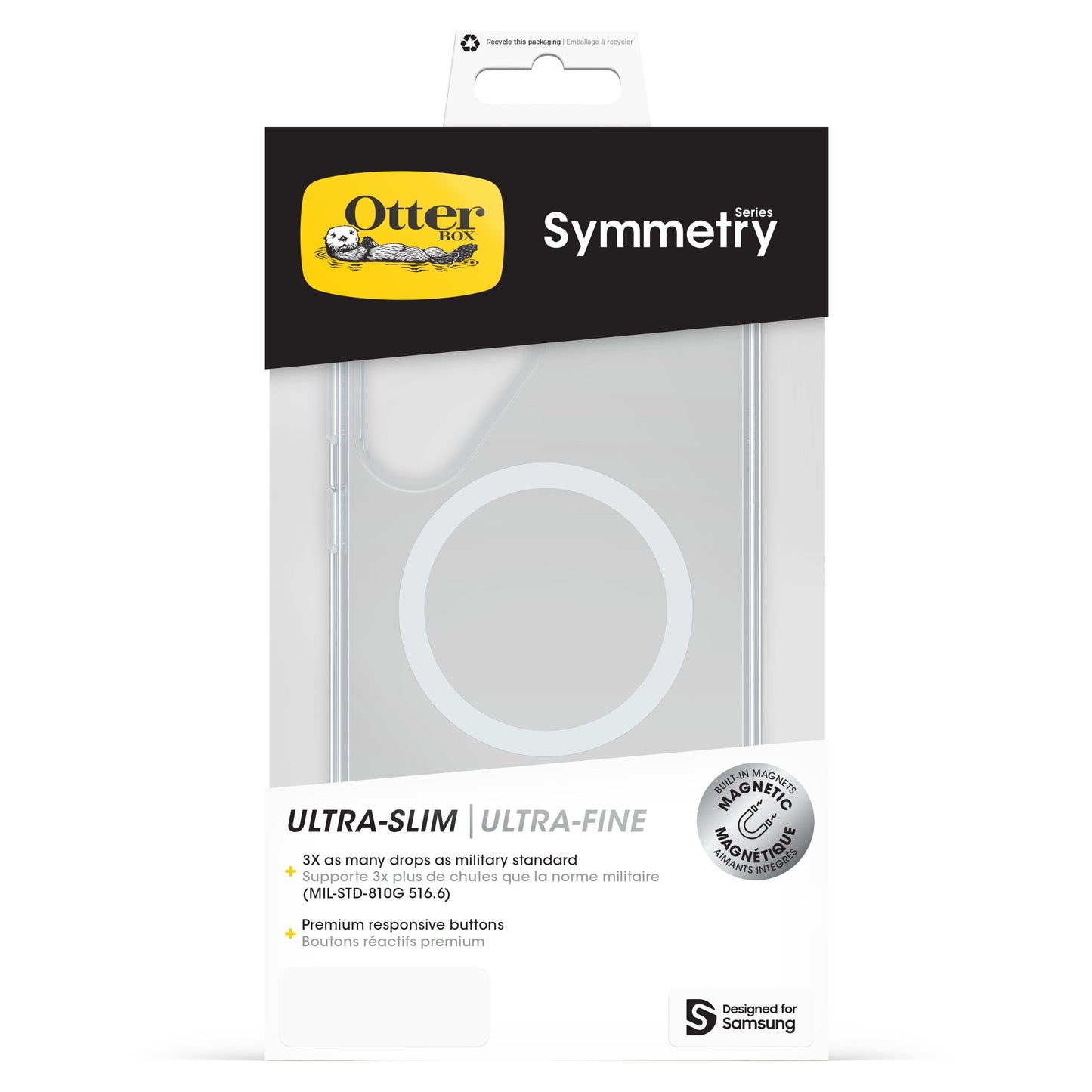 Otterbox Symmetry cover til Galaxy S25 Ultra klar variant i detailæske med stødabsorbering og premium knapper.