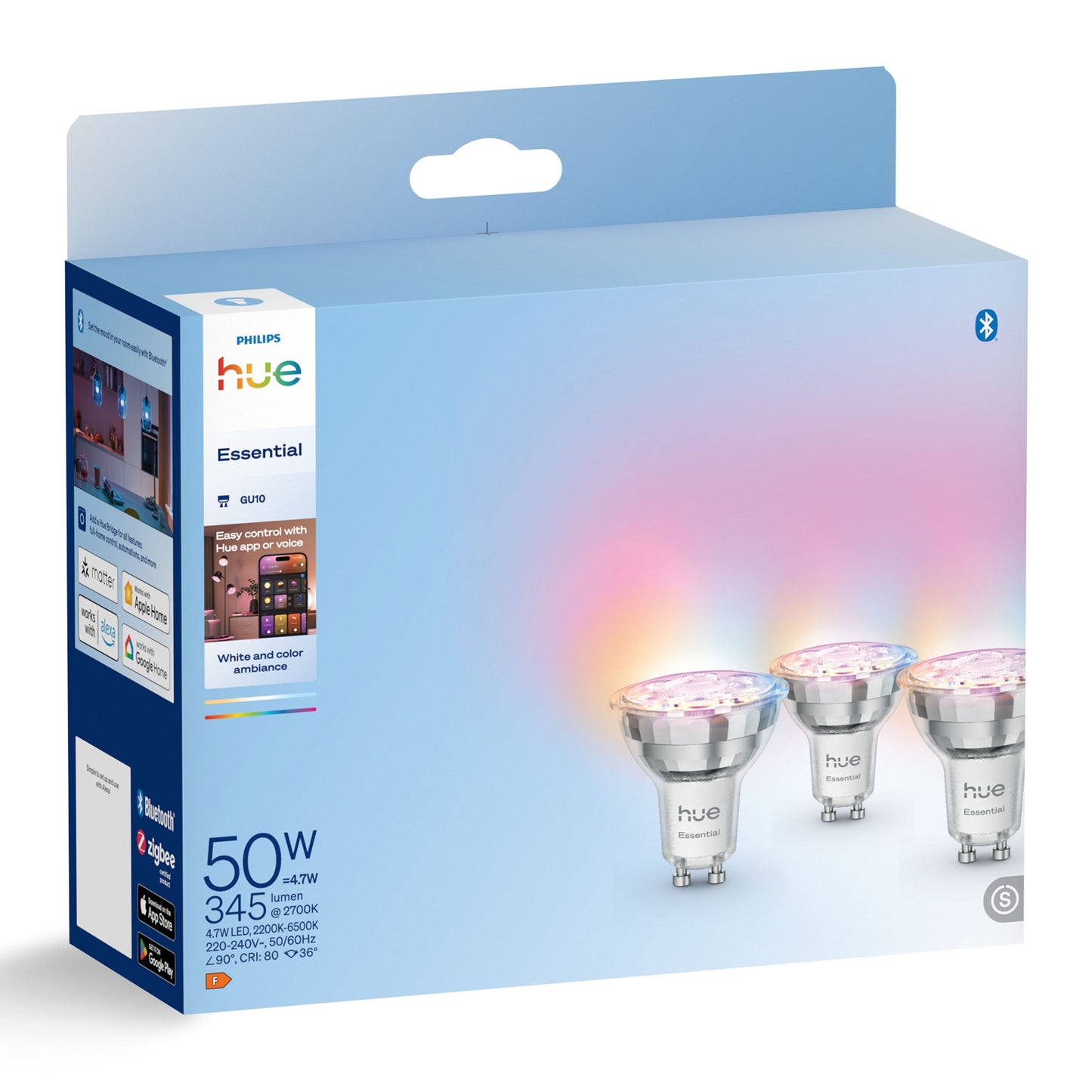 Philips Hue Essential Smart LED-pære GU10 3-pak, 345 lm, farvet lys, 50W ækvivalent, Bluetooth, smart home kompatibel.