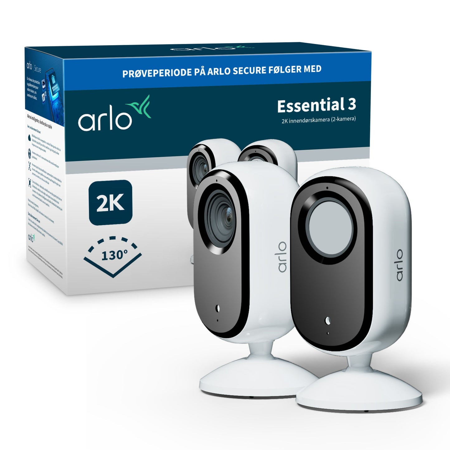 Arlo Essential 3 2K overvågningskameraer 2-pak foran æske med 2K-opløsning og 130° synsfelt.