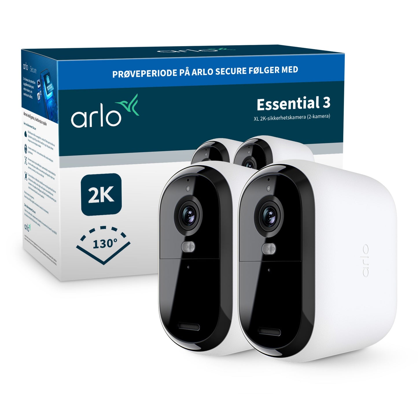 Arlo Essential 3 XL 2K trådløse overvågningskameraer 2-pack hvid/sort foran æske med dansk tekst, 130° synsvinkel.