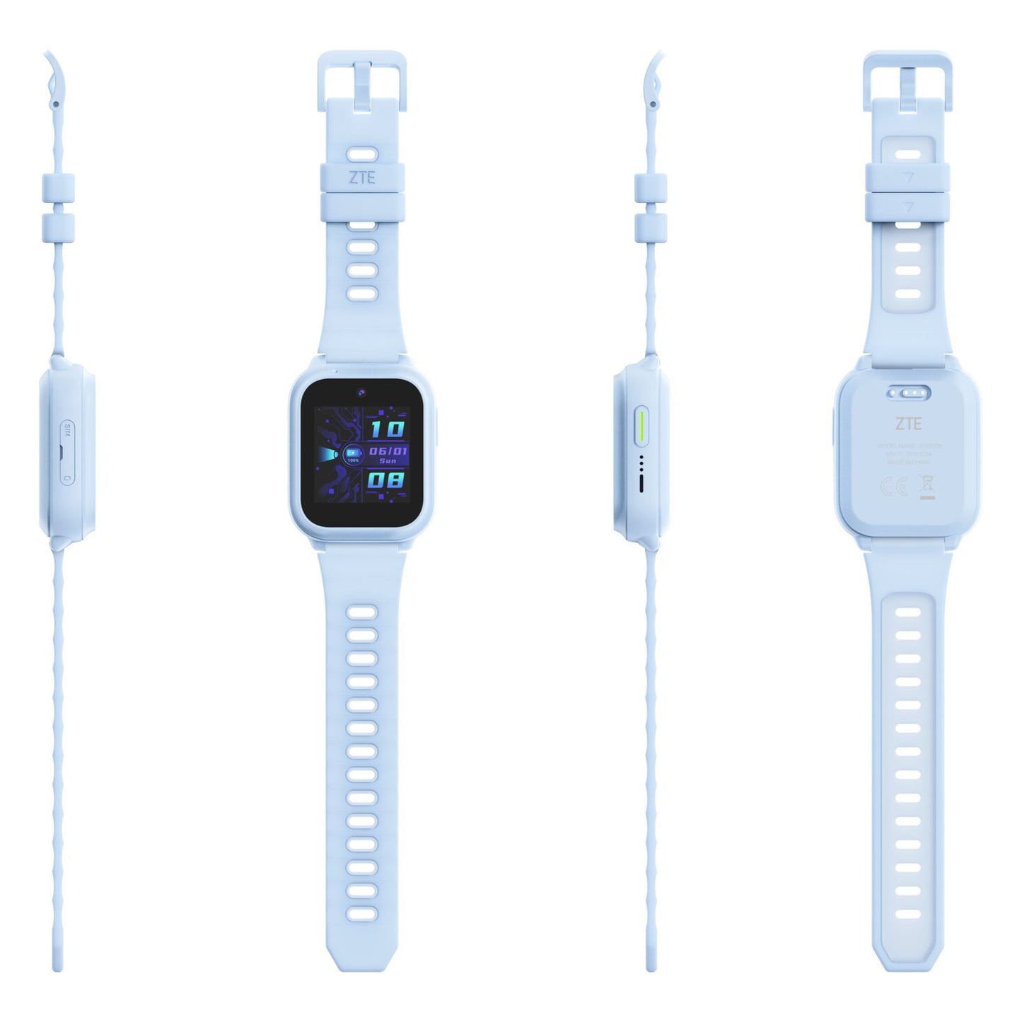 ZTE Watch K2 Pro børnesmartur blå set fra fire vinkler, tændt skærm, rem med spænde og justeringshuller, 4G tilslutning.