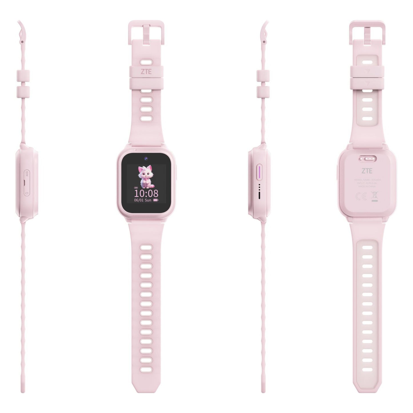 ZTE Watch K2 Pro smartur til børn rosa vises fra fire vinkler med justerbar rem, GPS-tracker og tegnefilm på skærmen.
