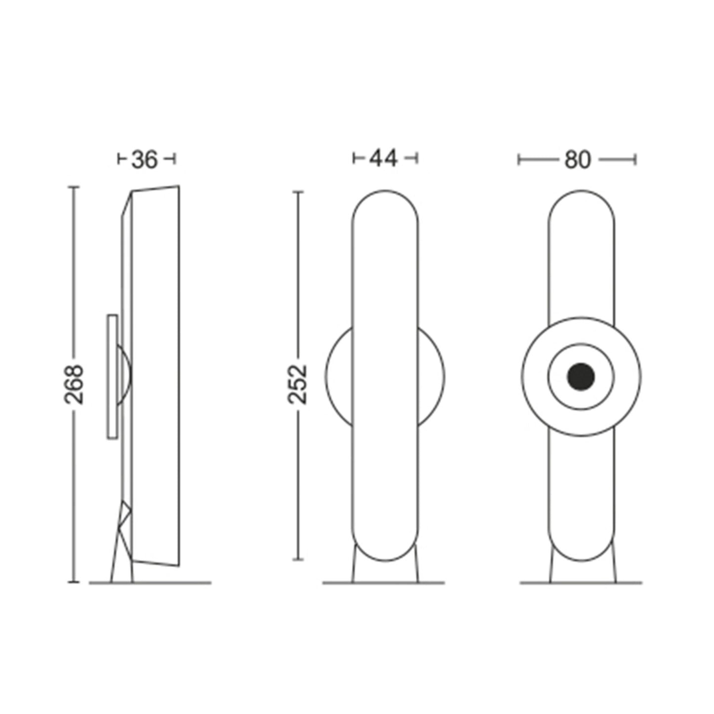 Philips Hue Play light bar 2-pak i hvid, tegning med tre vinkler, mål: 268x80x36-44 mm.