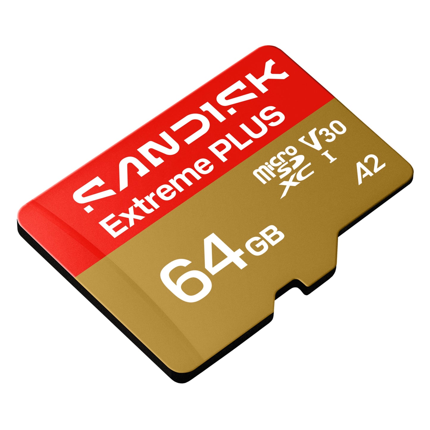 SanDisk Extreme PLUS microSDXC 64GB, rød/guld, 200/90 MB/s, mærket MicroSD, V30, XC I, A2.
