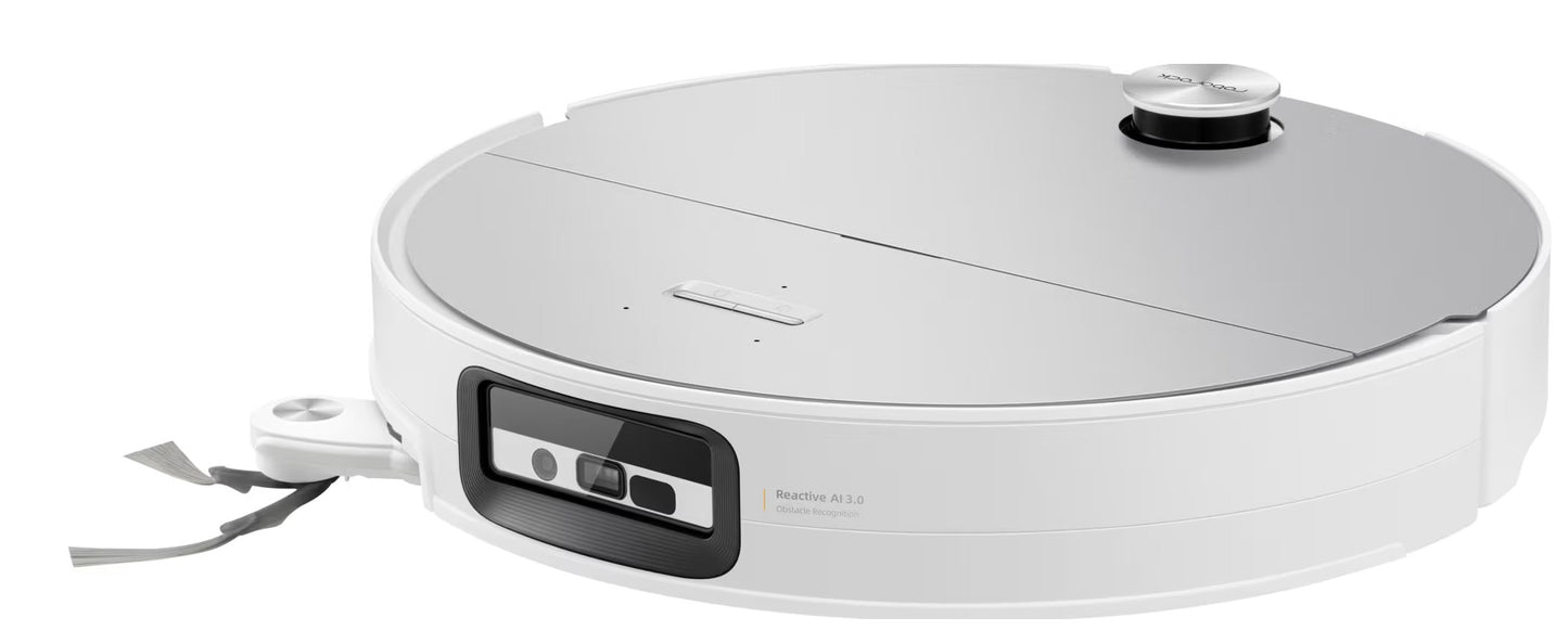 Roborock Saros 20 Sonic robotstøvsuger hvid med rund form, topsensor, frontkamera, sidebørste og vibrerende moppefunktion.