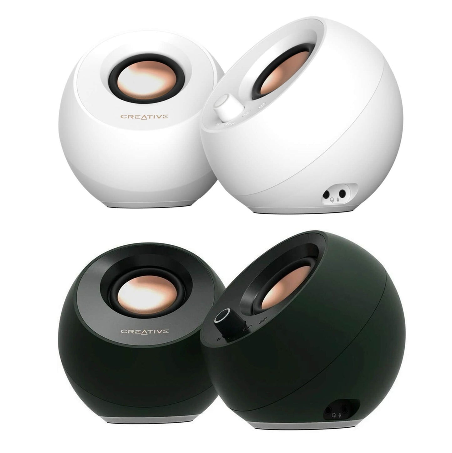 Creative Pebble V3 Pro 2.0 USB-C desktop højtalere hvid og sort, kobberfarvet konus, kompakt kugledesign, sidekontroller.