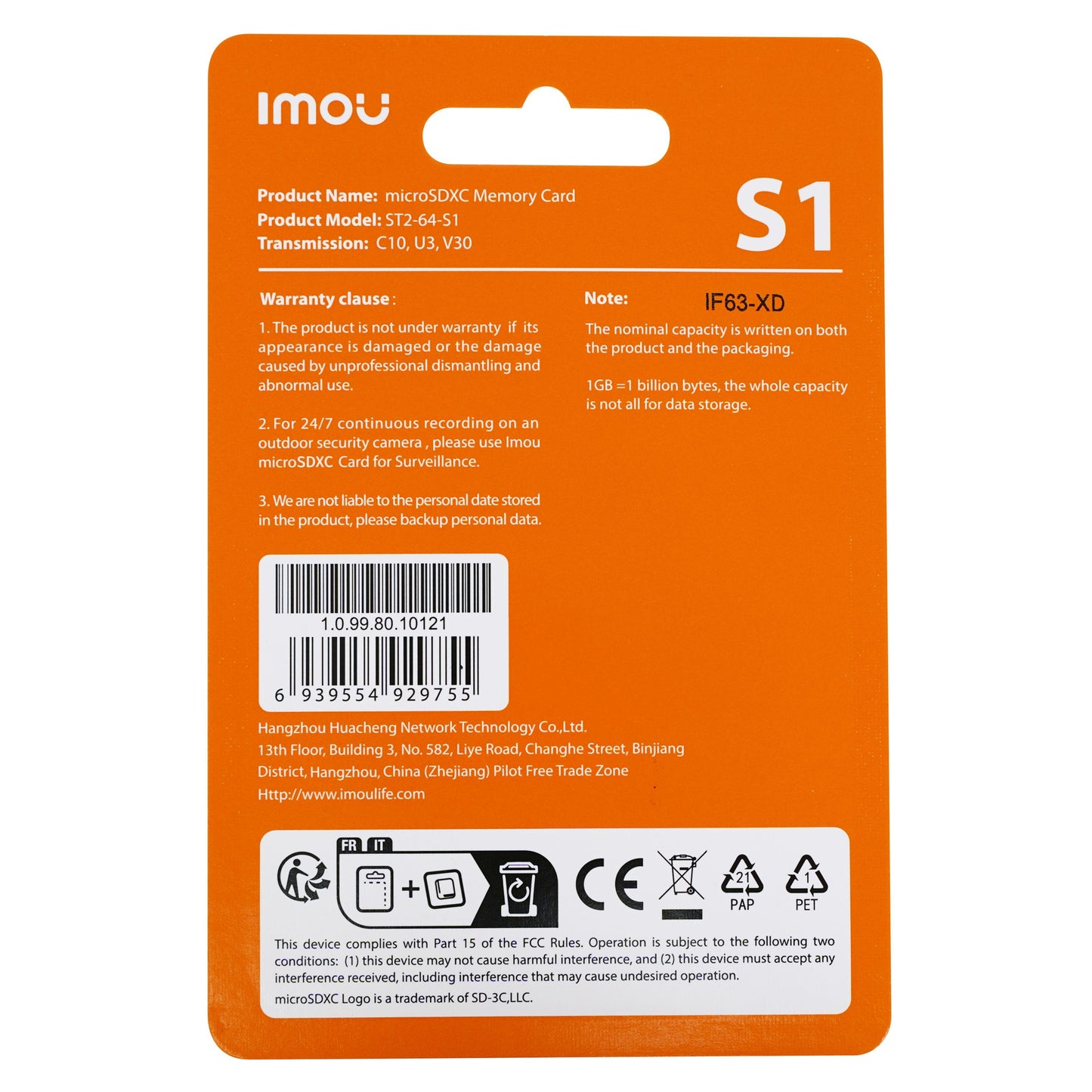 Imou S1 microSD-hukommelseskort 64 GB bagside med detaljeinfo, garanti, stregkode og certificeringer på orange pakke.