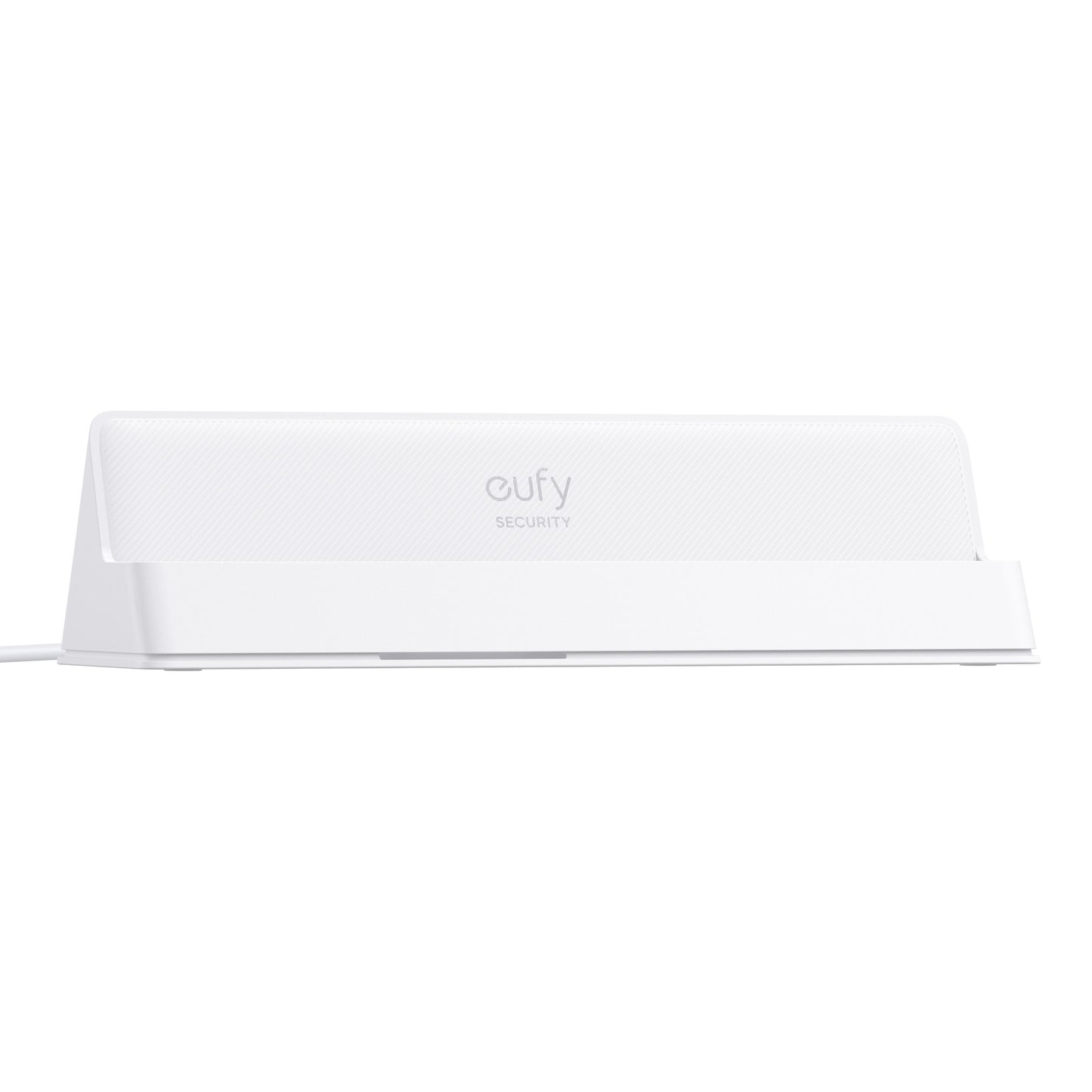 Eufy hvid ladestation med skråt design ved siden af Eufy Smart Display E10 sikkerhedsdisplay på ensartet overflade.