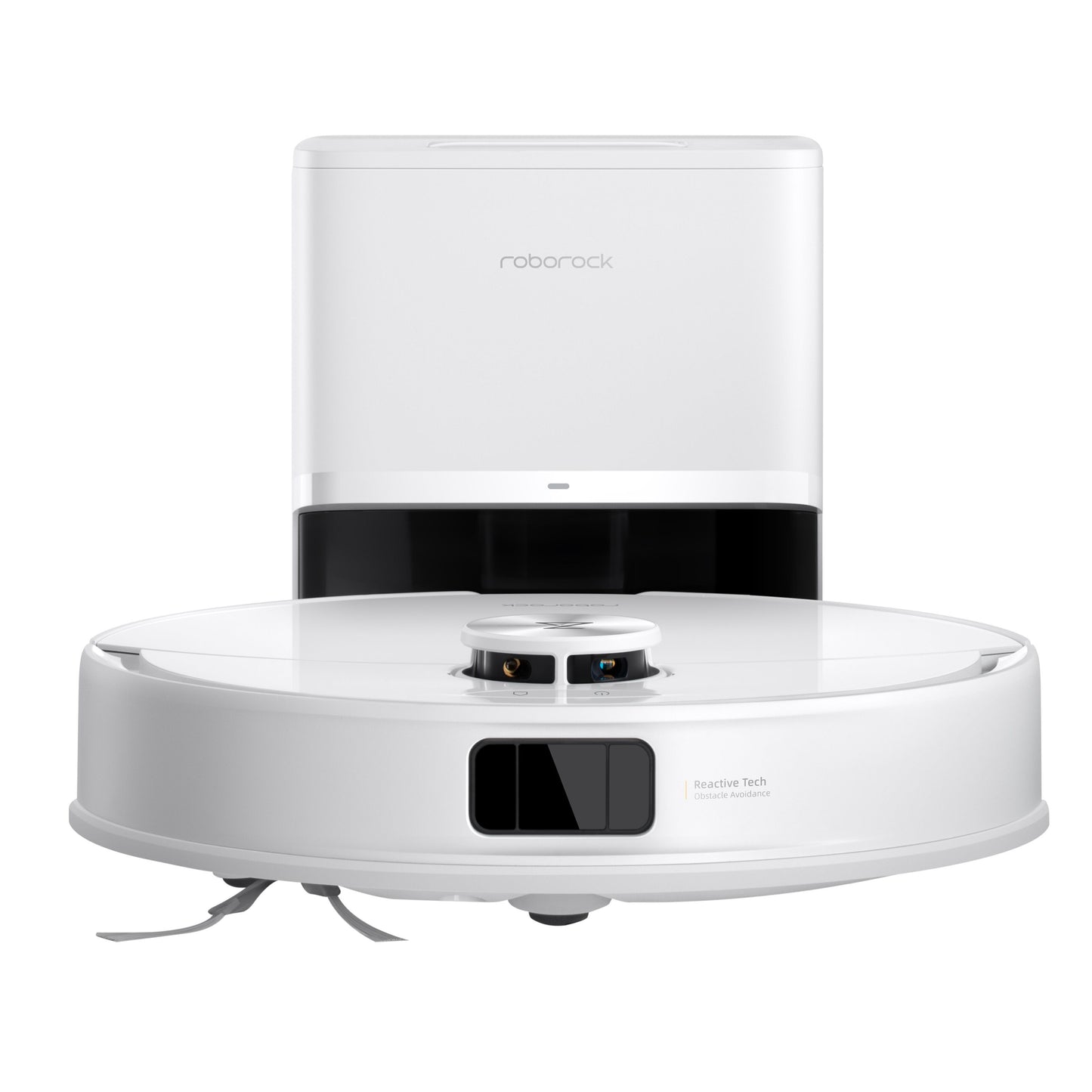 Roborock Q10 VF+ robotstøvsuger hvid ladestation, rundt design, sensorer på toppen, børster under, automatisk tømning.