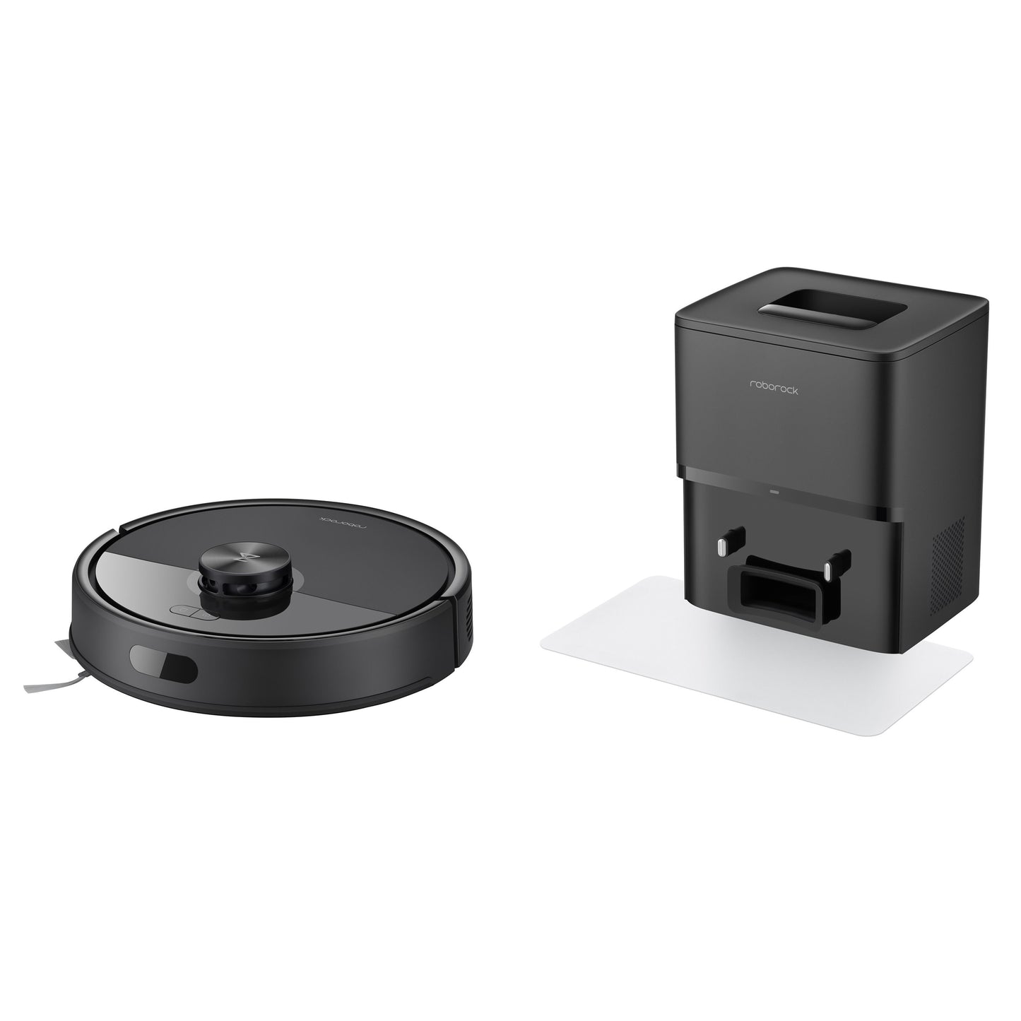 Roborock Q7 TF+ robotstøvsuger sort med rund form og rektangulær selvtømmende ladestation.