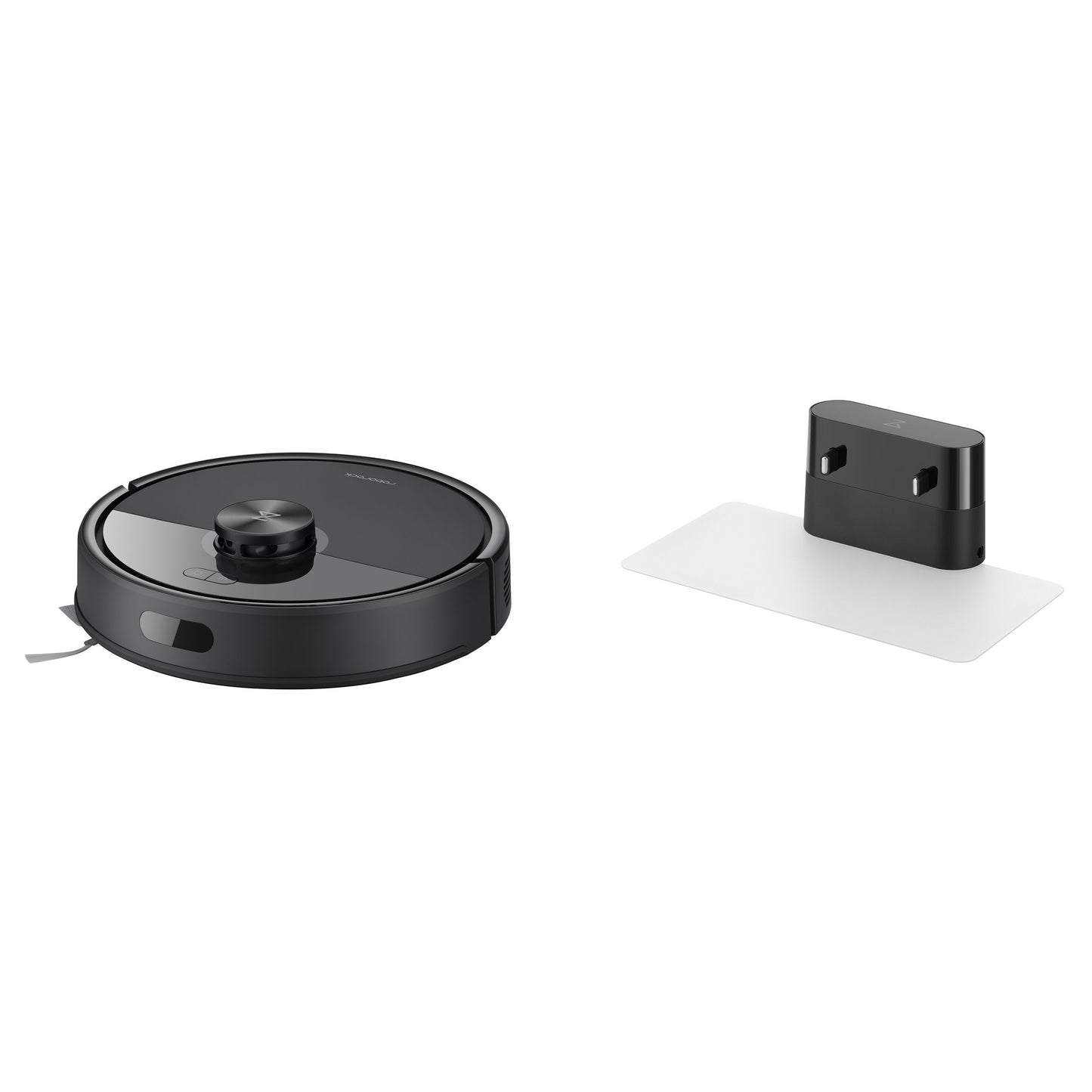 Roborock Q7 TF robotstøvsuger sort med opladningsstation og hvid bundmåtte, viser LiDAR 360°-navigation.