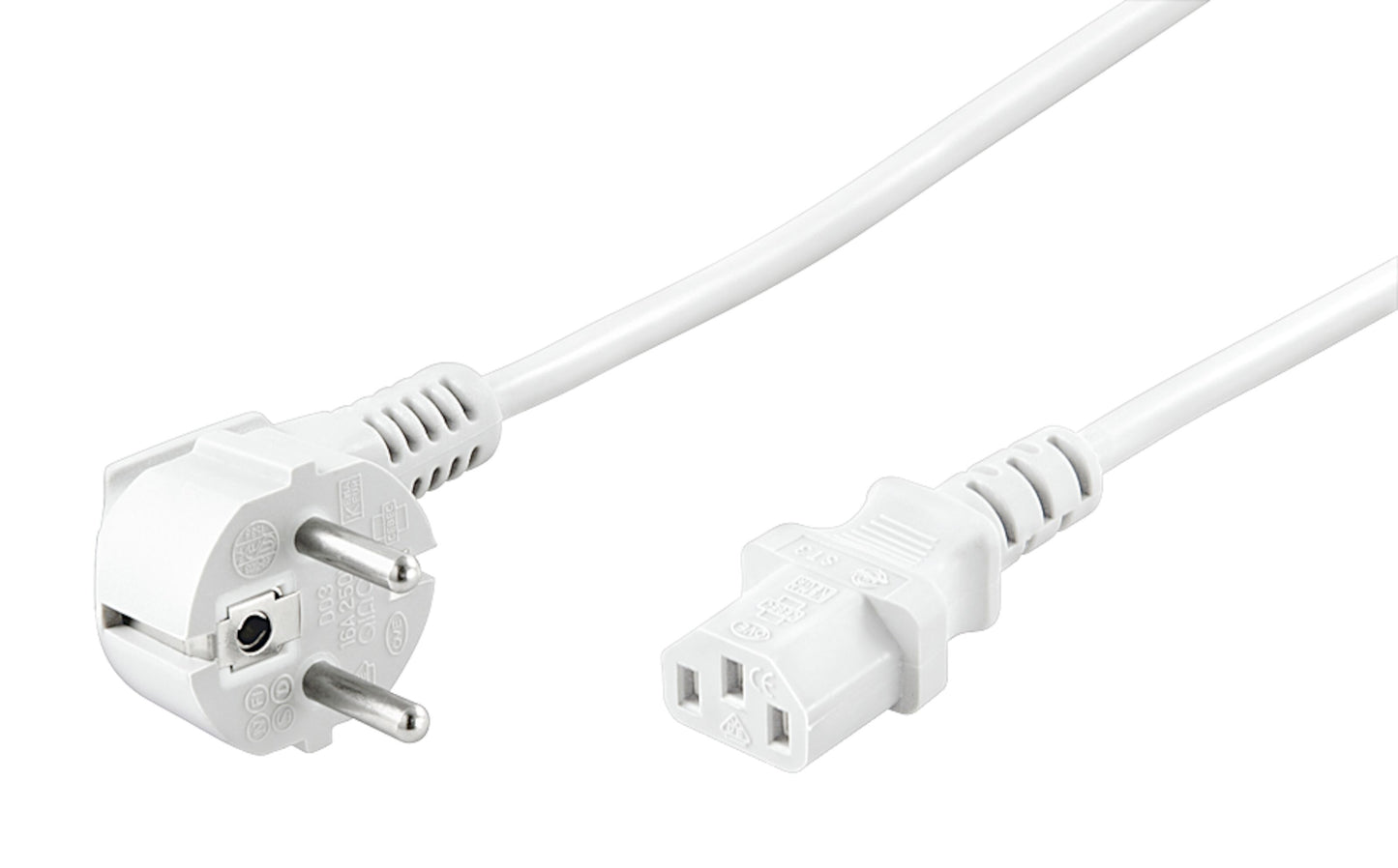 Apparatkabel C13 hvid 5 m med venstrevinklet Schuko (type F) stik og højrevendt IEC C13-stik.