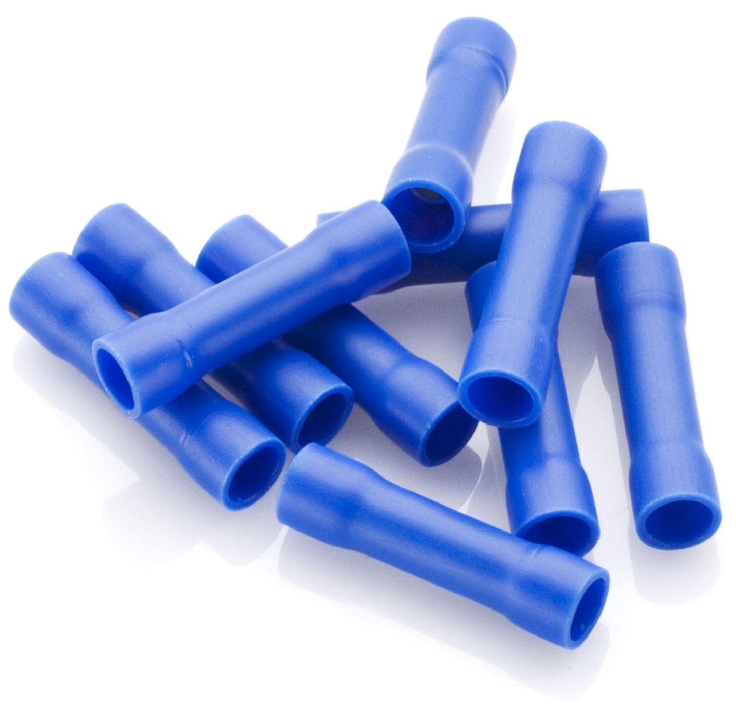 Blå butt splice connector skarvhylser 10-pak, blå plast, til elektriske kabelforbindelser.