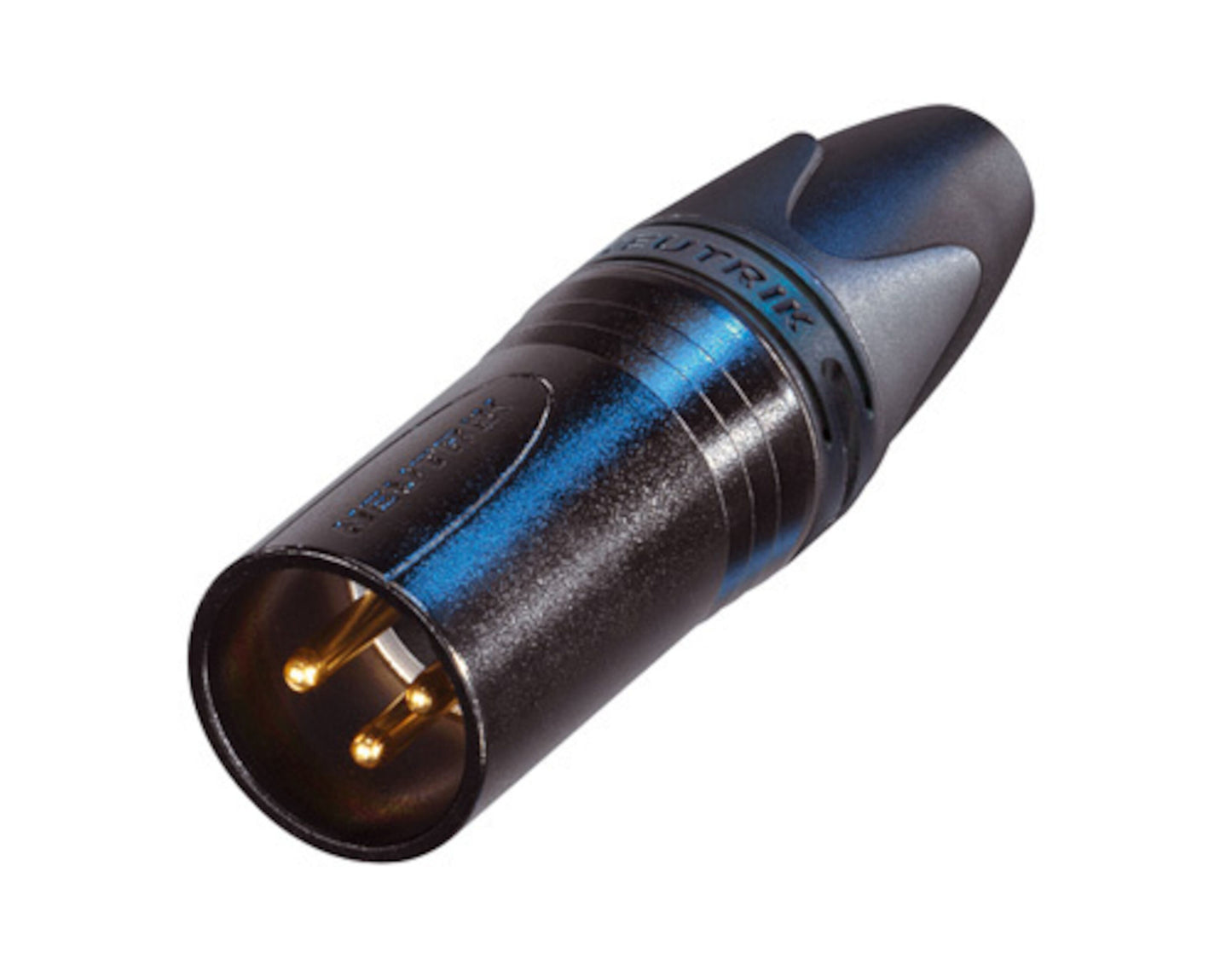 Neutrik XLR hanstik sort model med tre guldbelagte ben sat i vinkel velegnet til mikrofoner og lydudstyr.