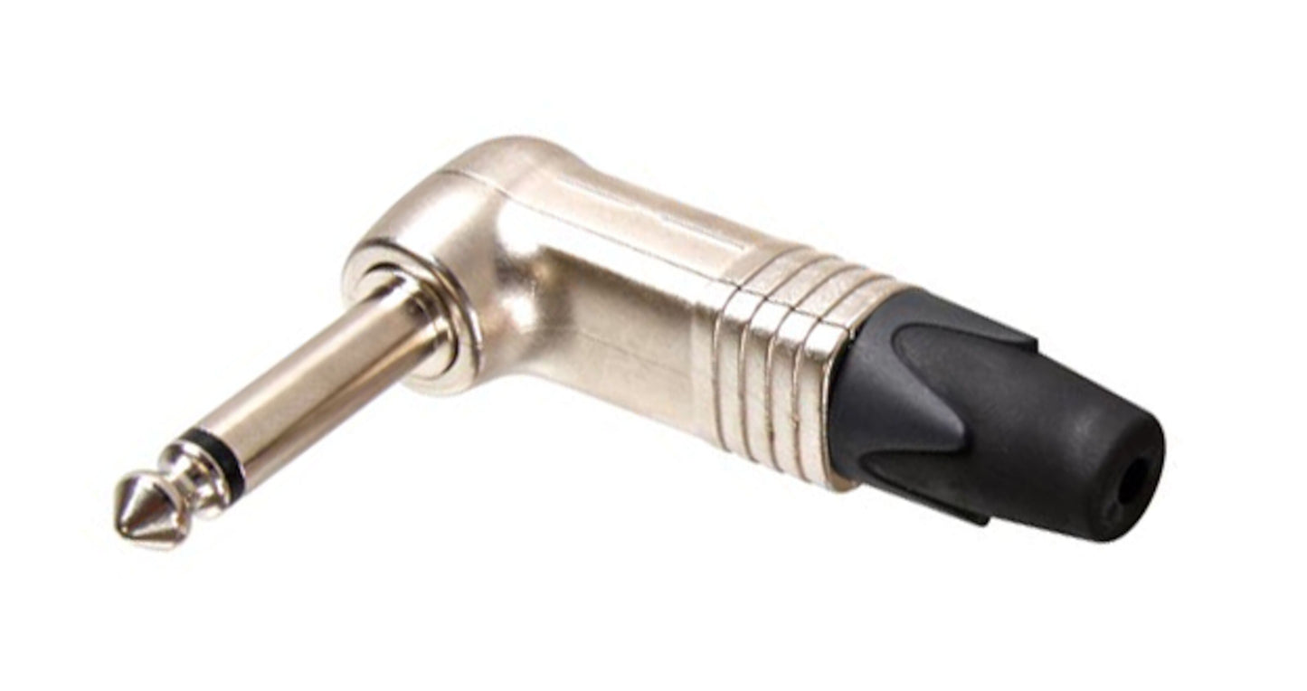 Neutrik 6,3 mm han mono jack vinklet med metalhus og sort plastisk aflastning til musikinstrumenter og lydudstyr.