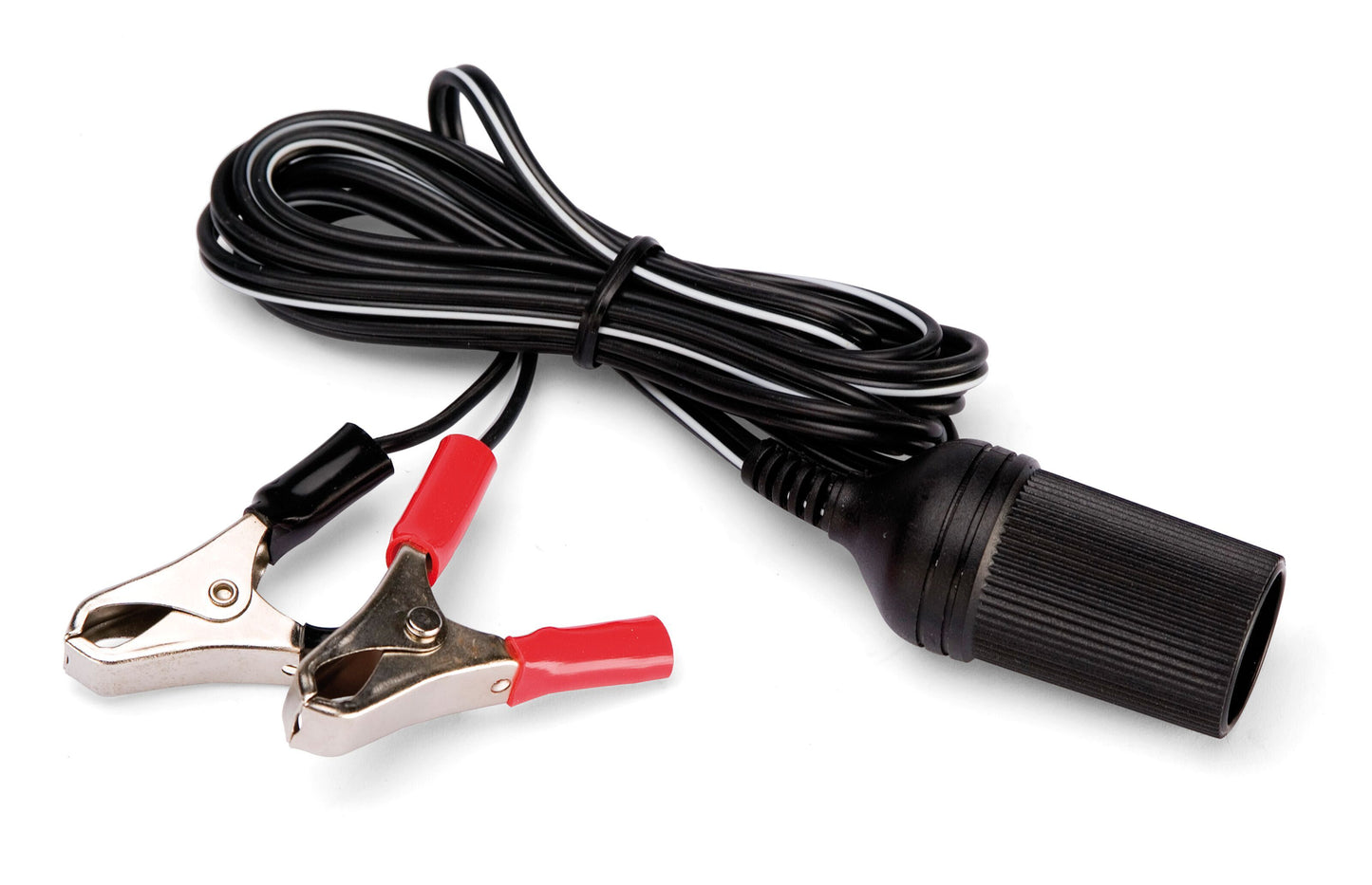Luxorparts 12 V-stik, sort kabel med røde og sorte batteriklemmer, cylindrisk 12 V stik til bilbatteri.