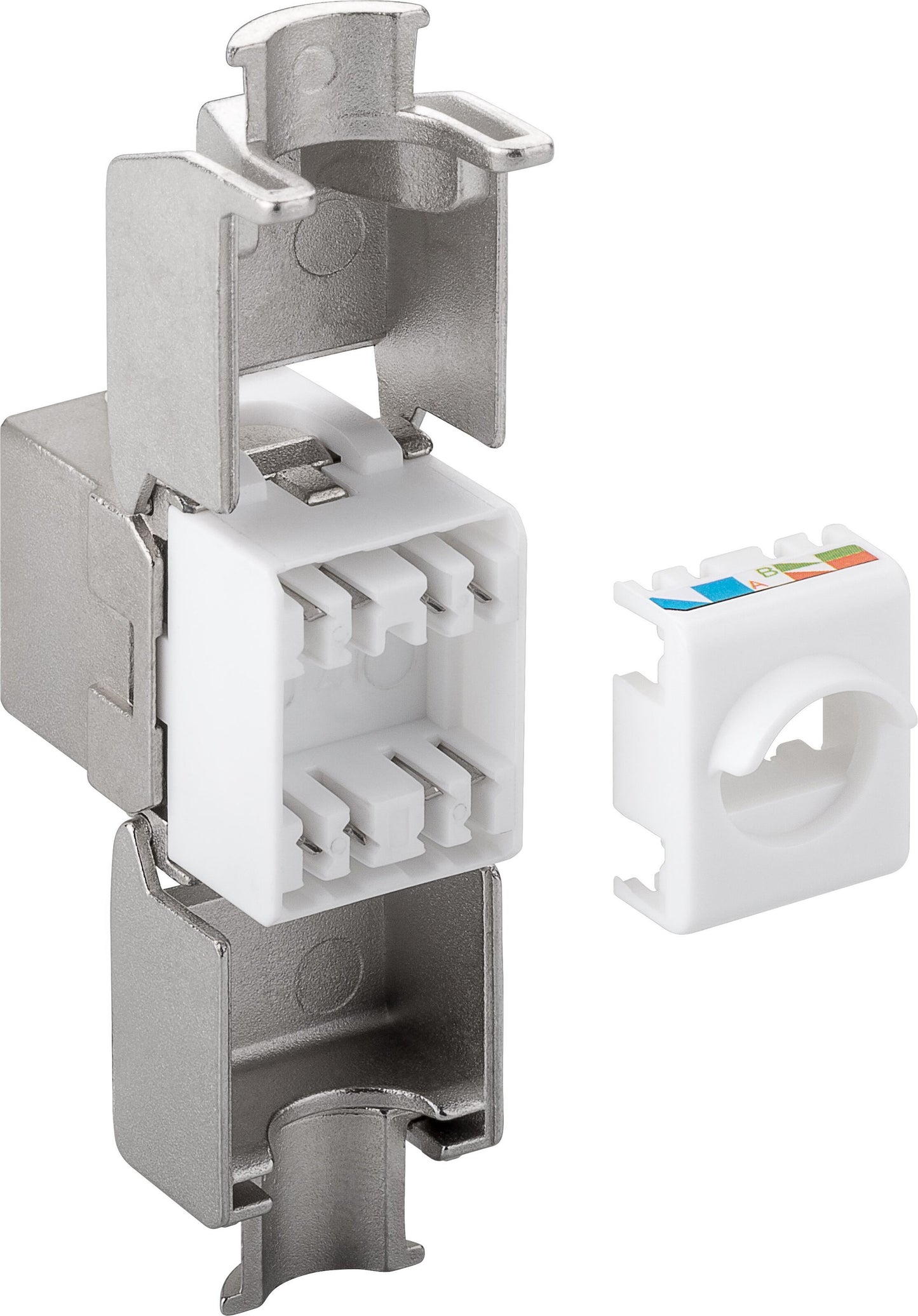 Luxorparts Keystone Cat. 6a FTP værktøjsfri, metalskjold, aftagelig hvid del, farvekodede ledningsetiketter.