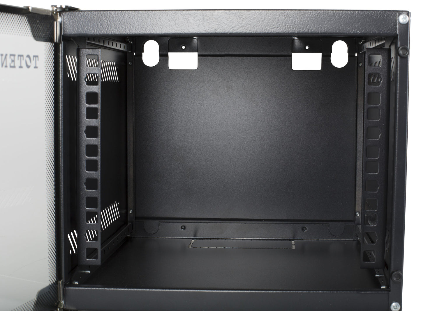 Deltaco 10" vægskab Sort 4U server kabinet, åben glaslåge, sidemonterede skinner, kabelgennemføringer.