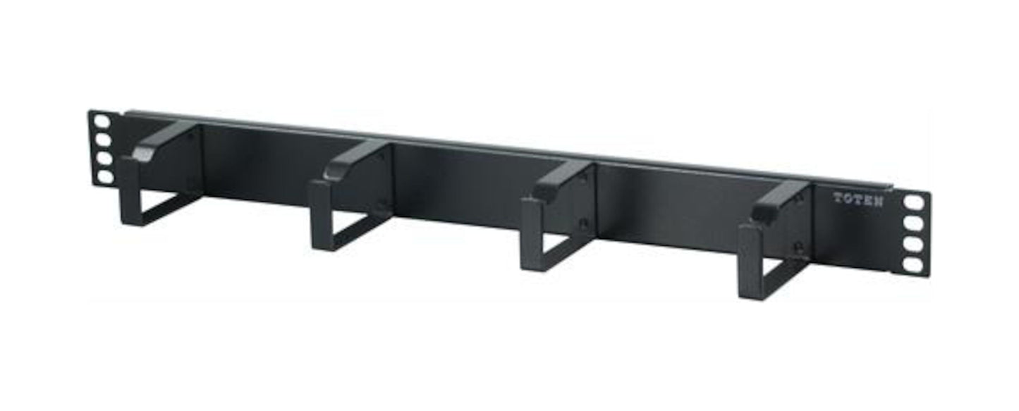 Deltaco 19" kabelpanel sort 1U til rack, fire rektangulære D-ringe og monteringshuller på hver ende.