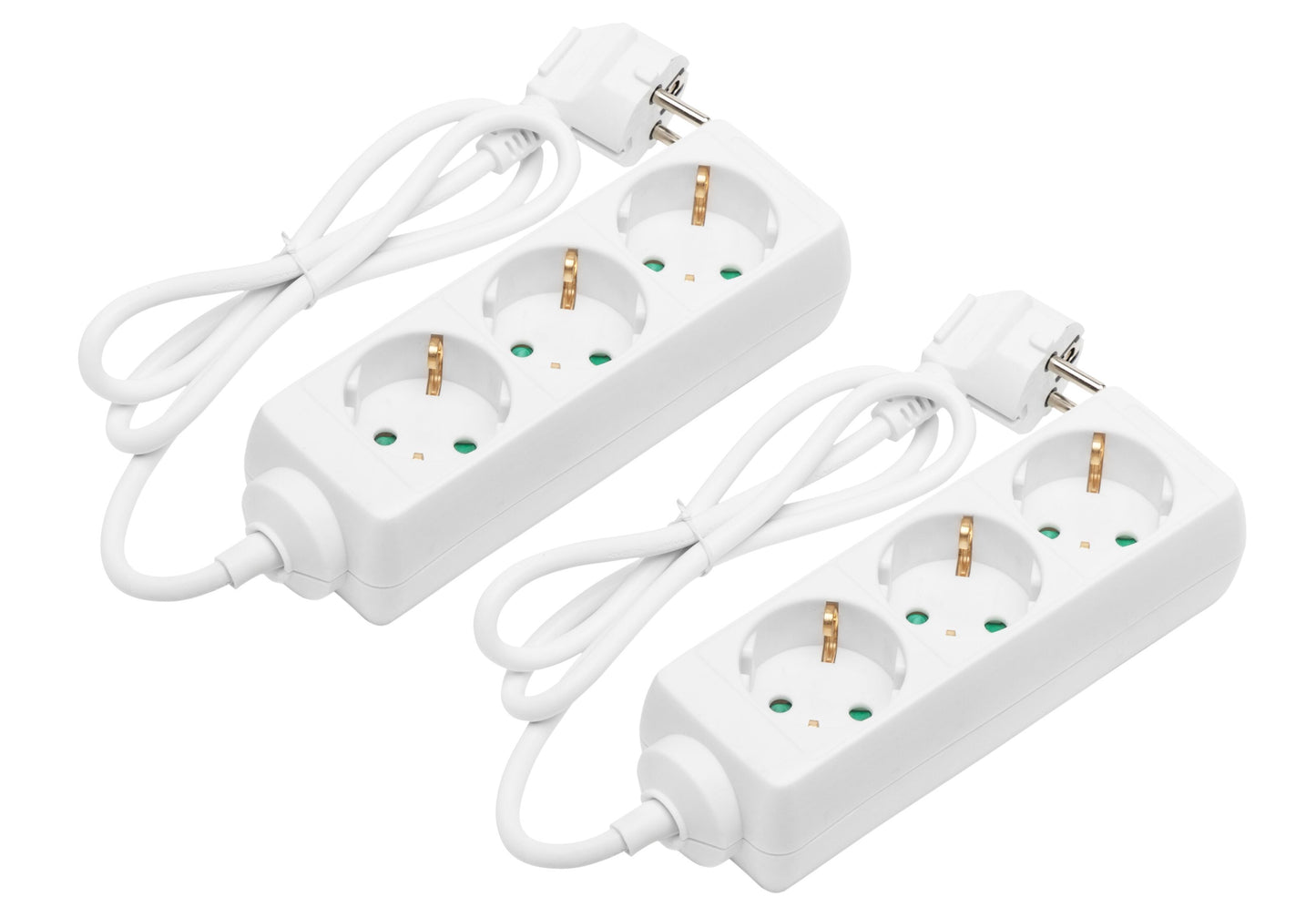 3-vejs stikdåse power strips 2-pak med 1 m kabler og vinklet stik, hvid, placeret side om side.