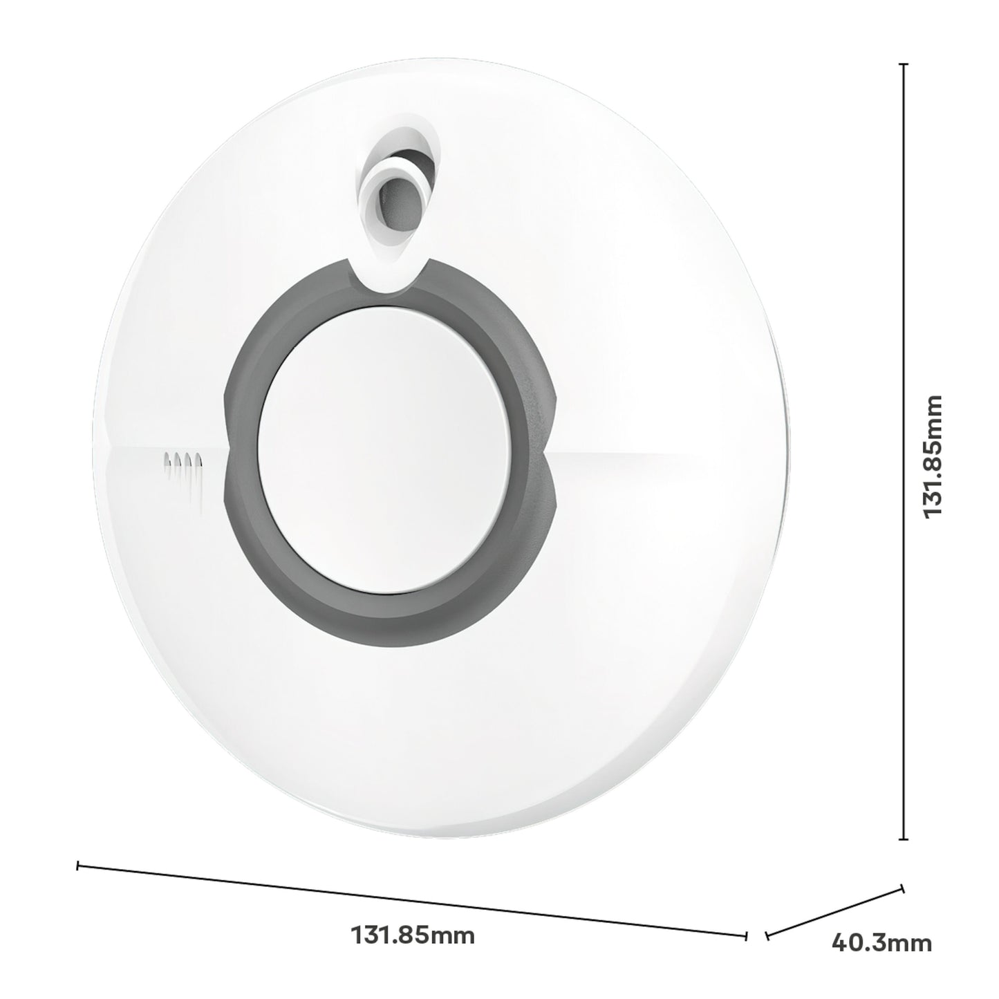 Yale Røgalarm, rund med central knap, grå ring, lille ventilationshul, Ø131,85 mm, dybde 40,3 mm, top sensoråbning.