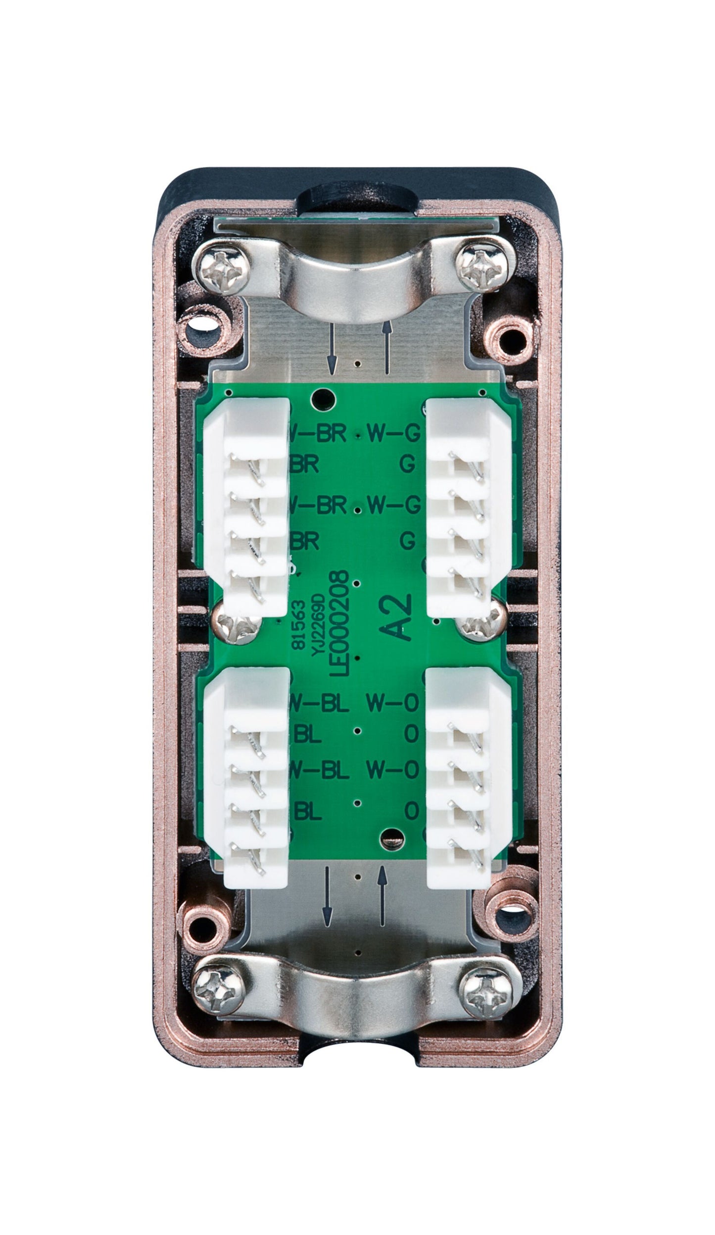 Terminalblok med grøn PCB, hvide stik, mærkede terminaler og metalbeslag ved siden af Skærmkabel UTP Cat. 6.