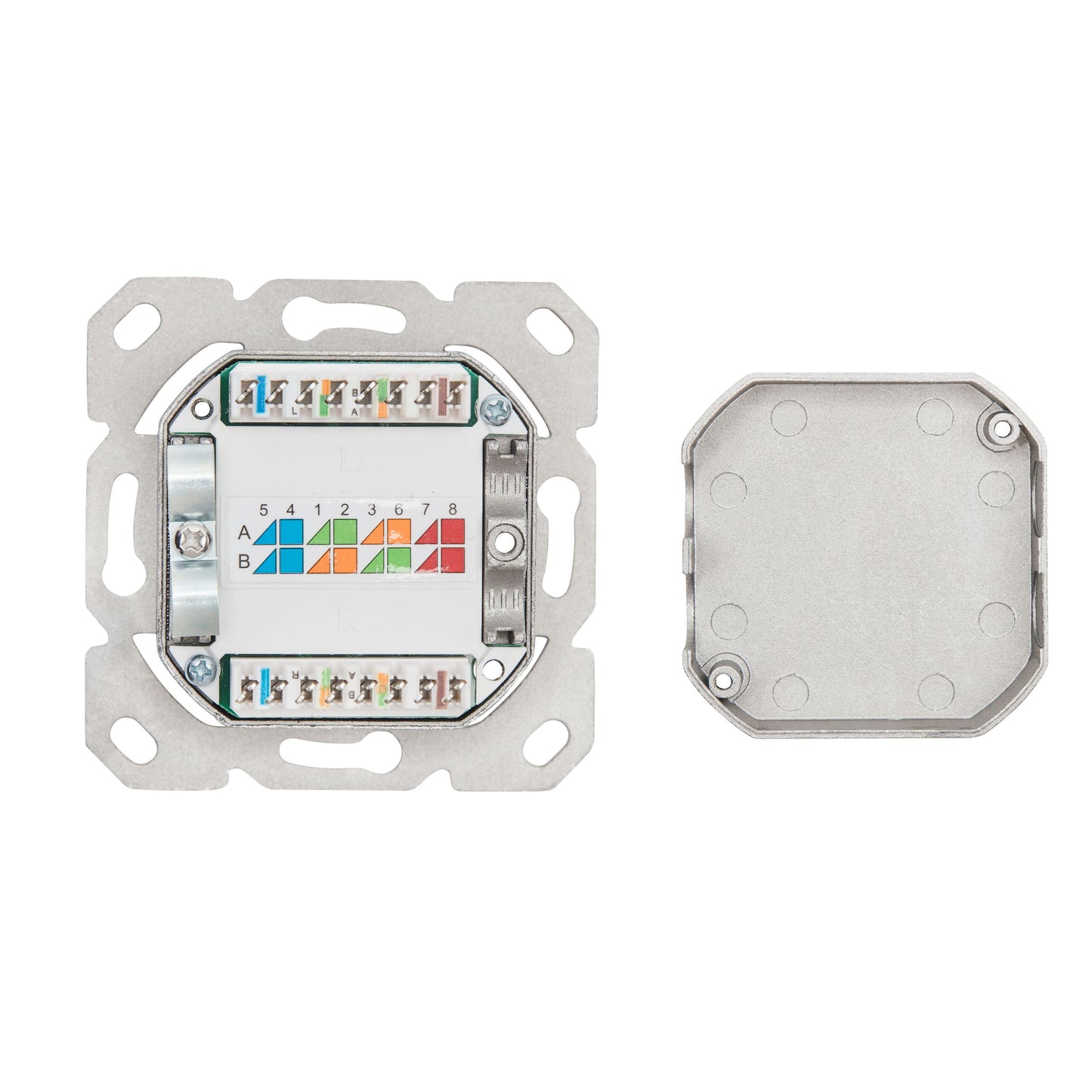 Luxorparts overflademonteret FTP netværksstik Cat. 6, 2 porte, metal, synlige farvekodede terminaler, aftageligt dæksel.