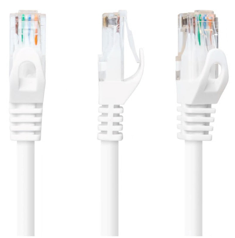 Luxorparts UTP-kabel Cat 6 hvid 15,0 m med gennemsigtige RJ45-stik, synlige farvede ledere og låseklips.