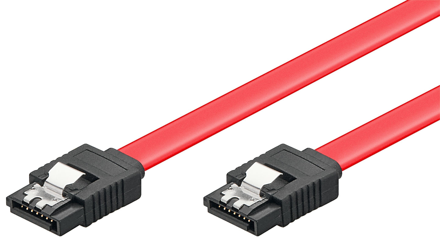 SATA 6 Gb/s kabel med lås 0,5 m, rød med sorte stik og sølvfarvede metalclips i begge ender.