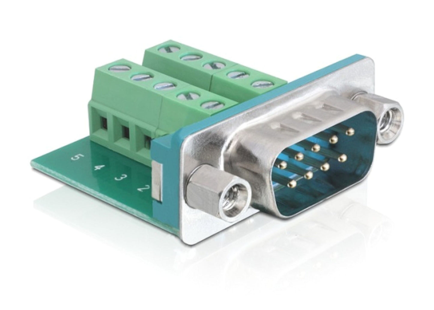 A close-up shows the Terminalblok DB9-han adapter with green screw terminals, mounted on a small circuit board. The metallic connector features nine pins and is ideal for RS232-forbindelser og seriel kommunikation.