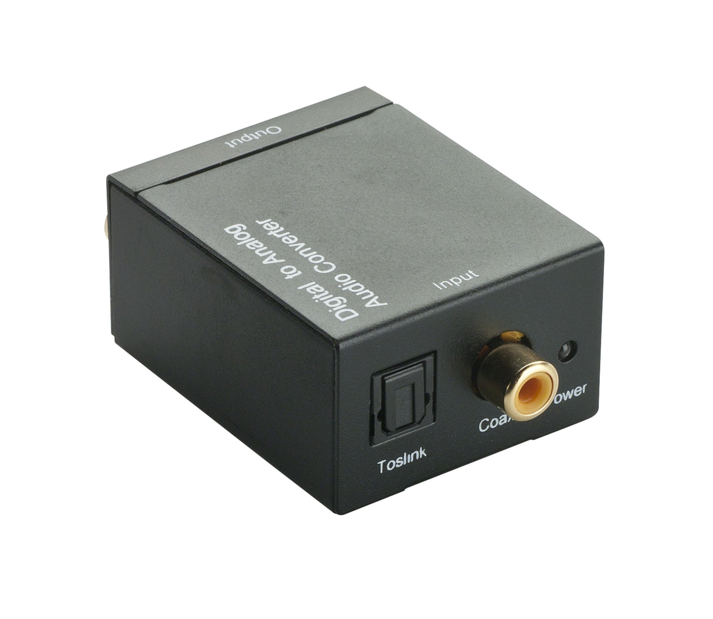 Digital til analog konverter sort med Toslink optisk indgang, koaksial indgang, RCA udgange og strømport.