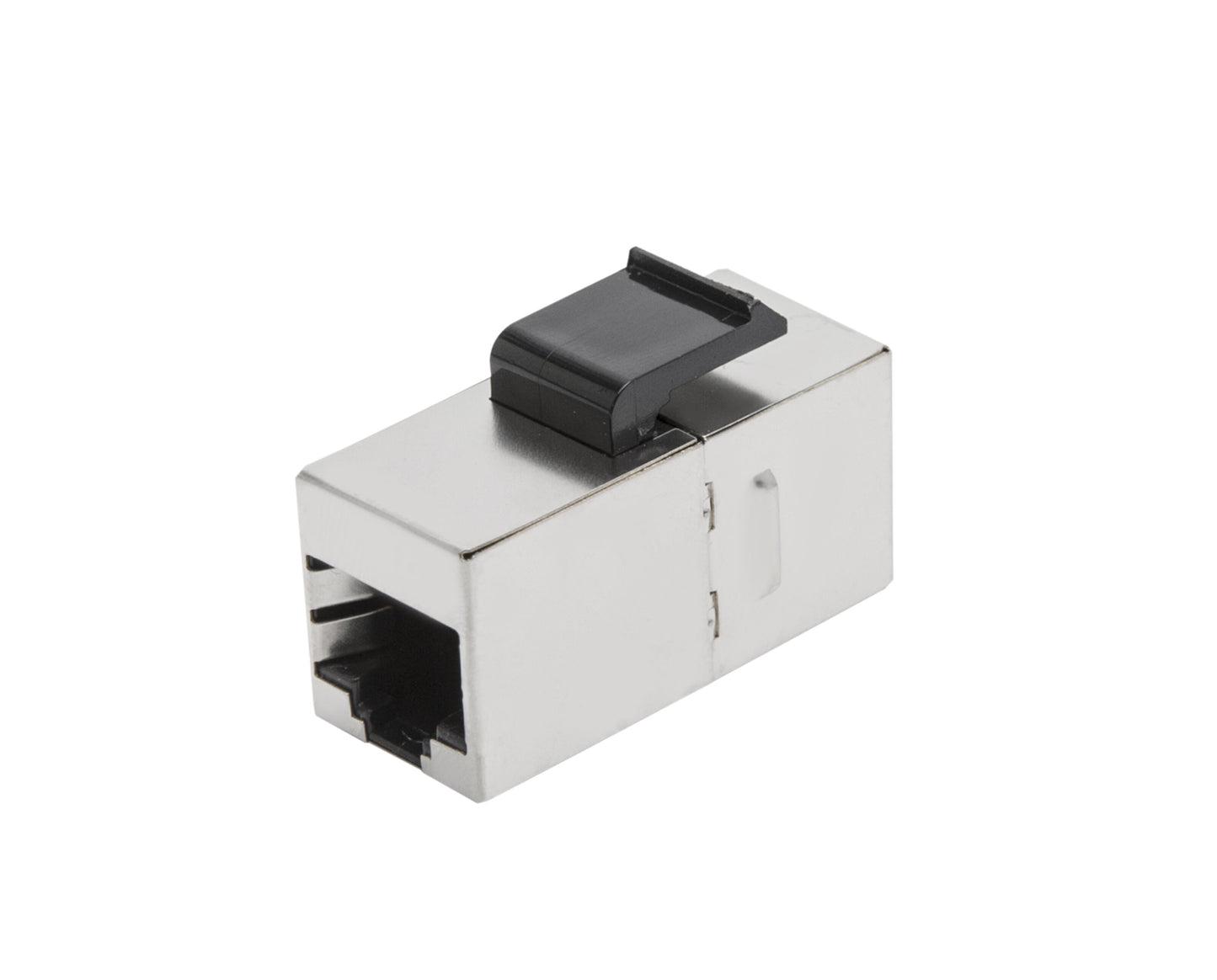 Keystone-panel samlestik Cat. 6 FTP Ethernet coupler i metal med sort plastlås til sammenkobling af netværkskabler.