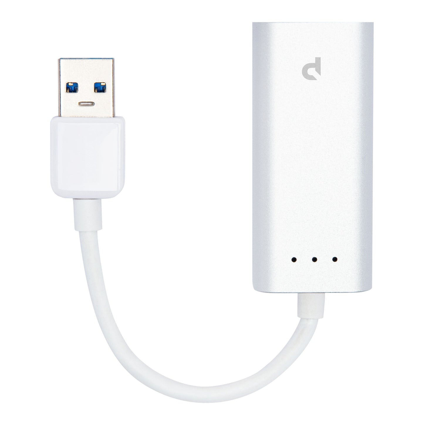Gigabit-netværkskort USB-A 1 Gb/s, sølvfarvet adapter med kort hvidt kabel, USB-A stik og tre LED-indikatorer.