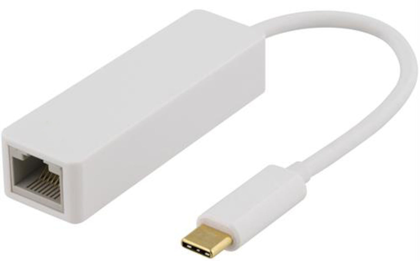 Luxorparts Gigabit-netværkskort USB-C hvid med kort kabel, USB-C-stik og Ethernet-port.