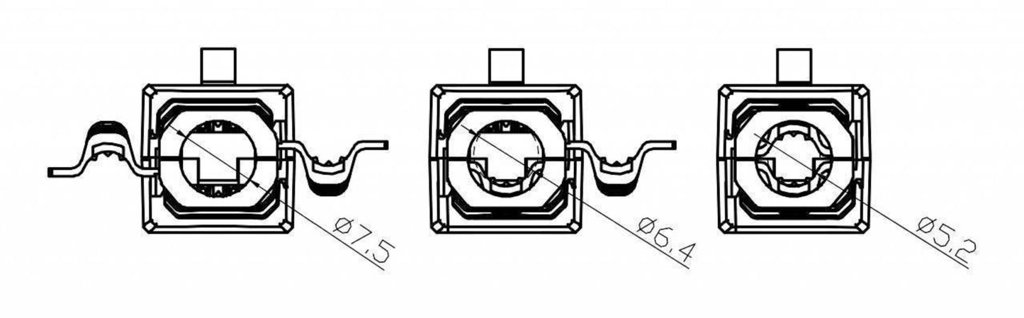 Teknisk tegning af firkantet værktøjsfri RJ45-stik Cat. 6a, diameter 7,5/6,4/5,2 mm til Cat. 6a UTP-netværkskabler.