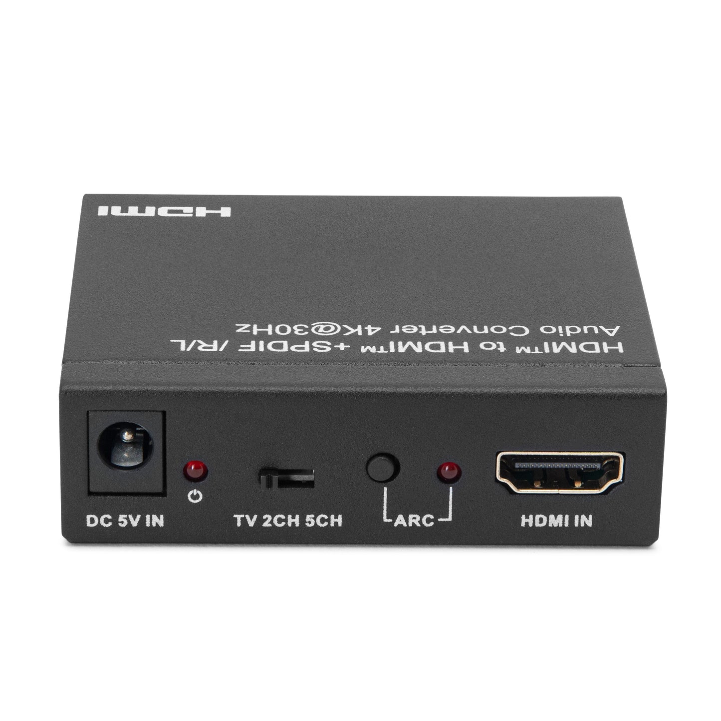 Luxorparts HDMI lydudtrækker sort 4K med porte: DC 5V IN, TV 2CH/5CH, ARC, HDMI IN bagtil.