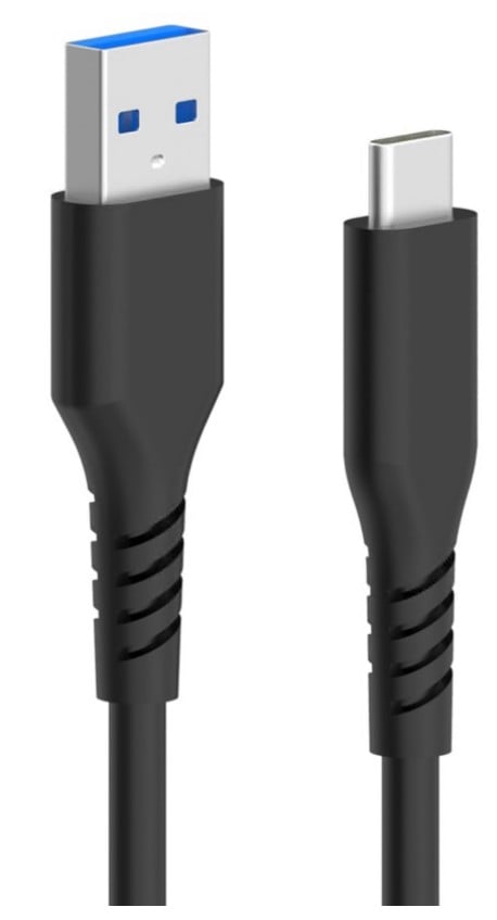 USB-A til USB-C 3.0 kabel 0,5 m sort med riflet greb ved stik.
