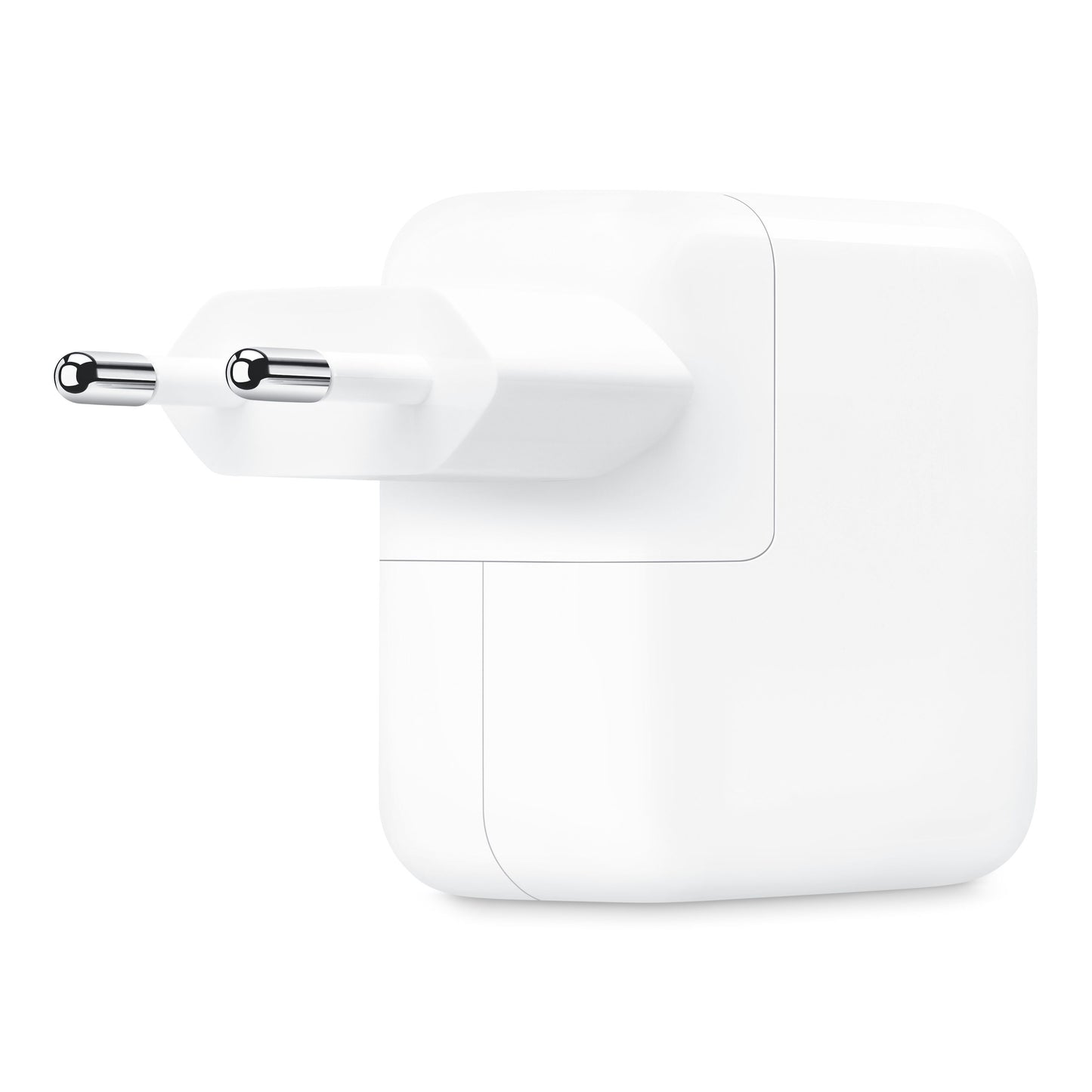 Apple 35 W USB-C strømadapter, hvid rektangulær vægoplader med to USB-C porte og to runde ben til EU-stik.