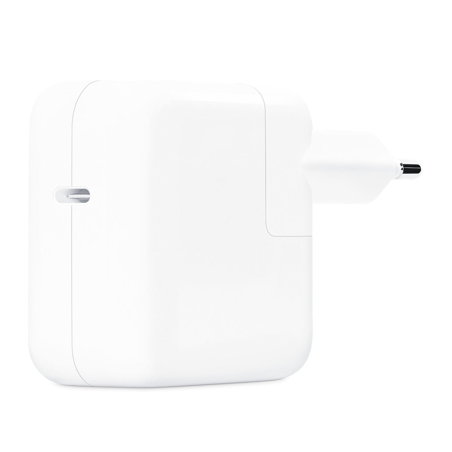 Apple 30W USB-C strømadapter, hvid, rektangulær, europæisk tobenet stik, lille rille på venstre side.