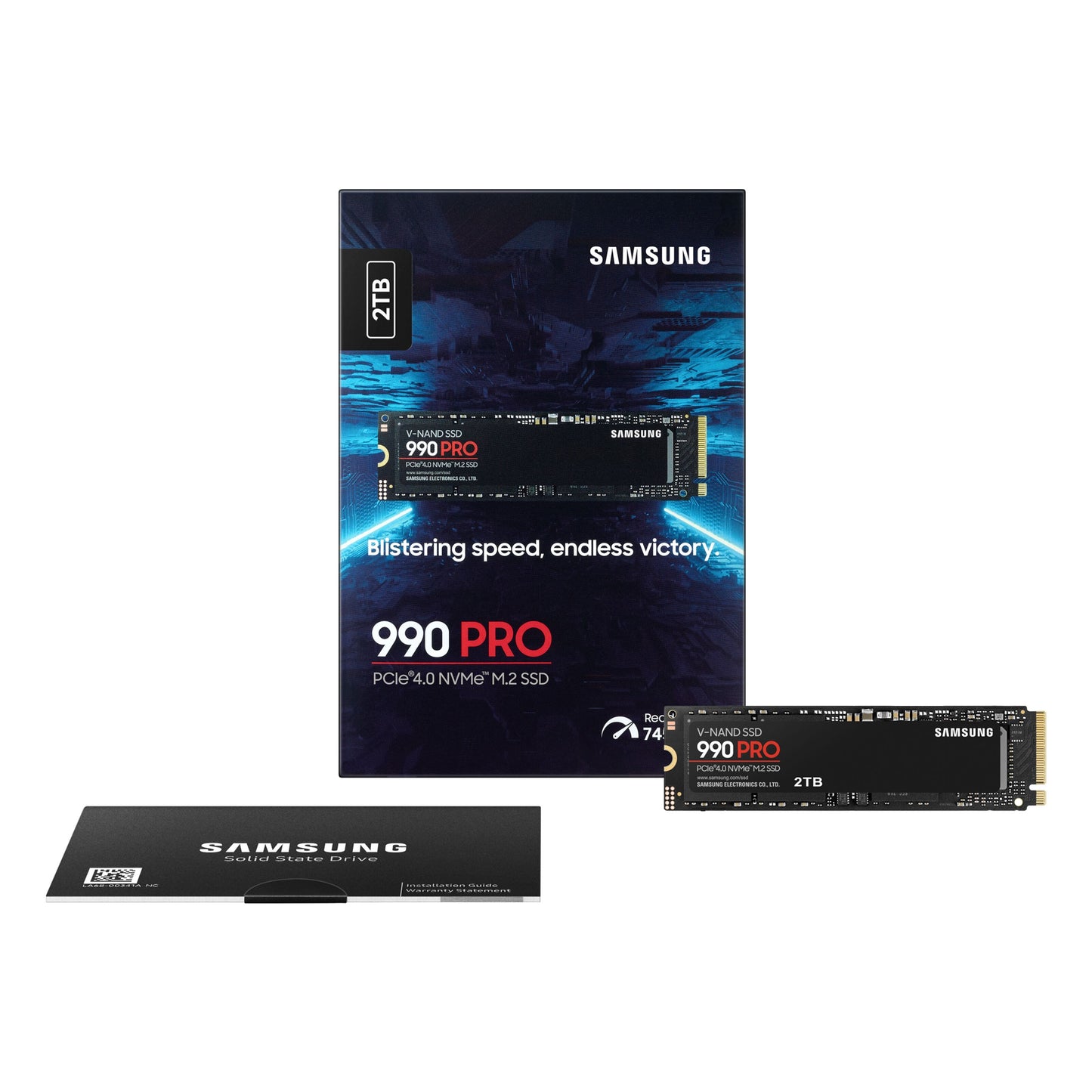 Samsung 990 PRO PCIe 4.0 NVMe M.2 SSD 2TB med retail-emballage og informationskort, kapacitet angivet på æsken.